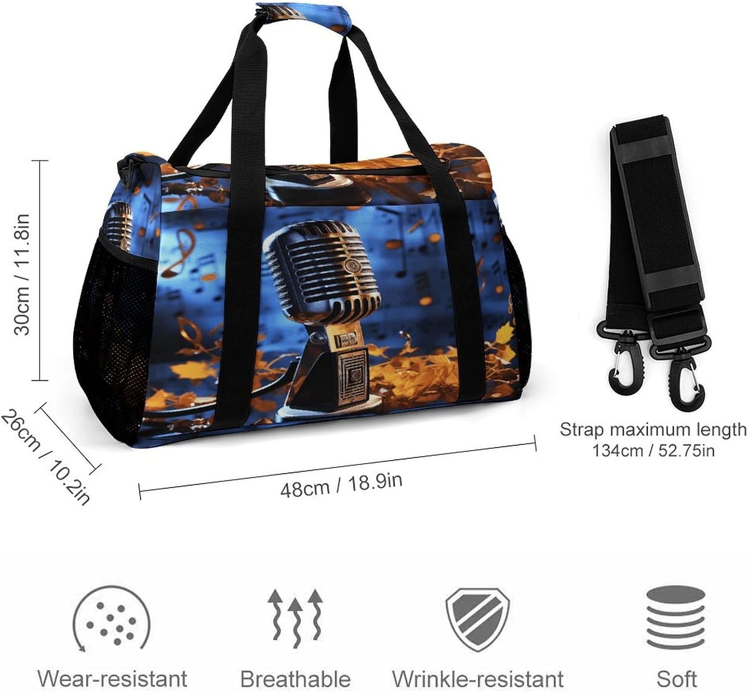 Microphone with Music Notes Duffle Bag Gym Bag Travel Bags image 2
