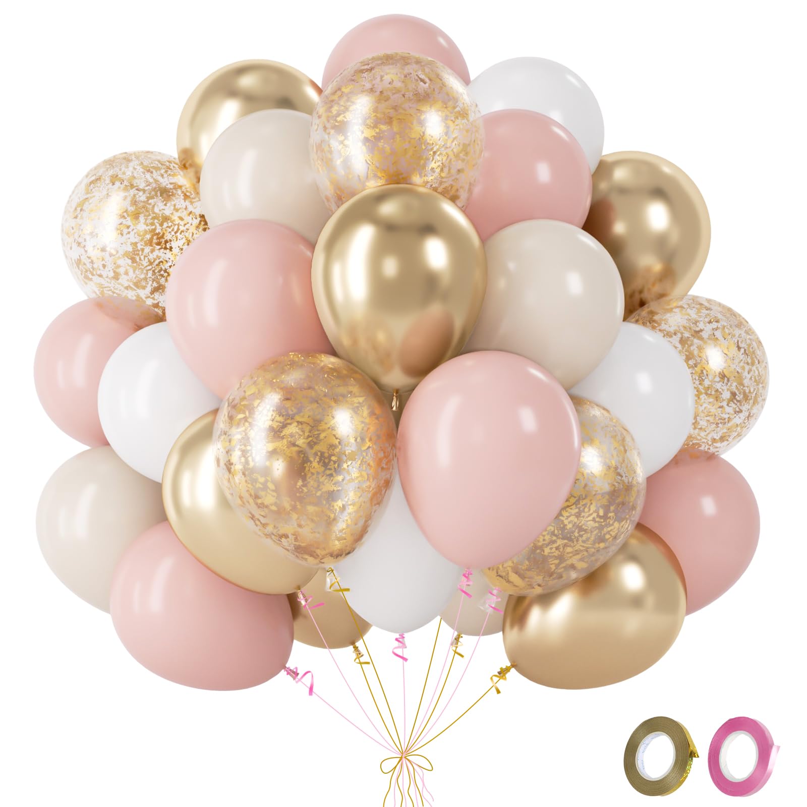 Pink And White Balloons- 60Pcs Pink Gold Beige Balloons With Metallic Confetti Ballons, Birthday Decoration For Women, Helium Balloon For Birthday Engagement Baby Shower Princess Party Decorations