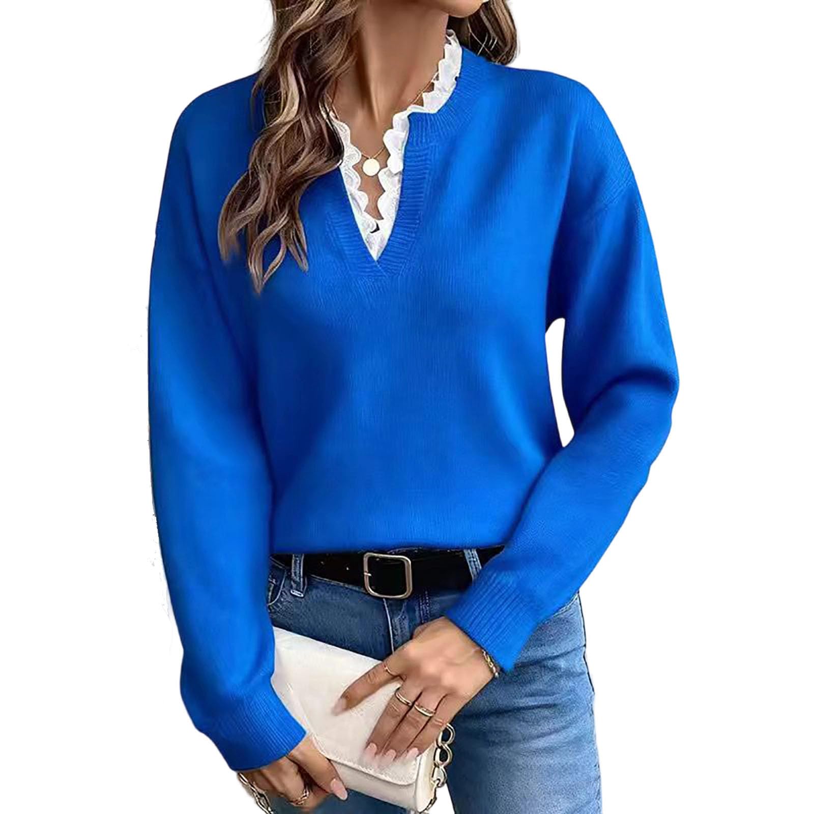 Womens 2025 Fall V Neck Lace Sweater Casual Lightweight Ribbed Knit Long Sleeve Pullover Sweaters Dressy Casual Tops