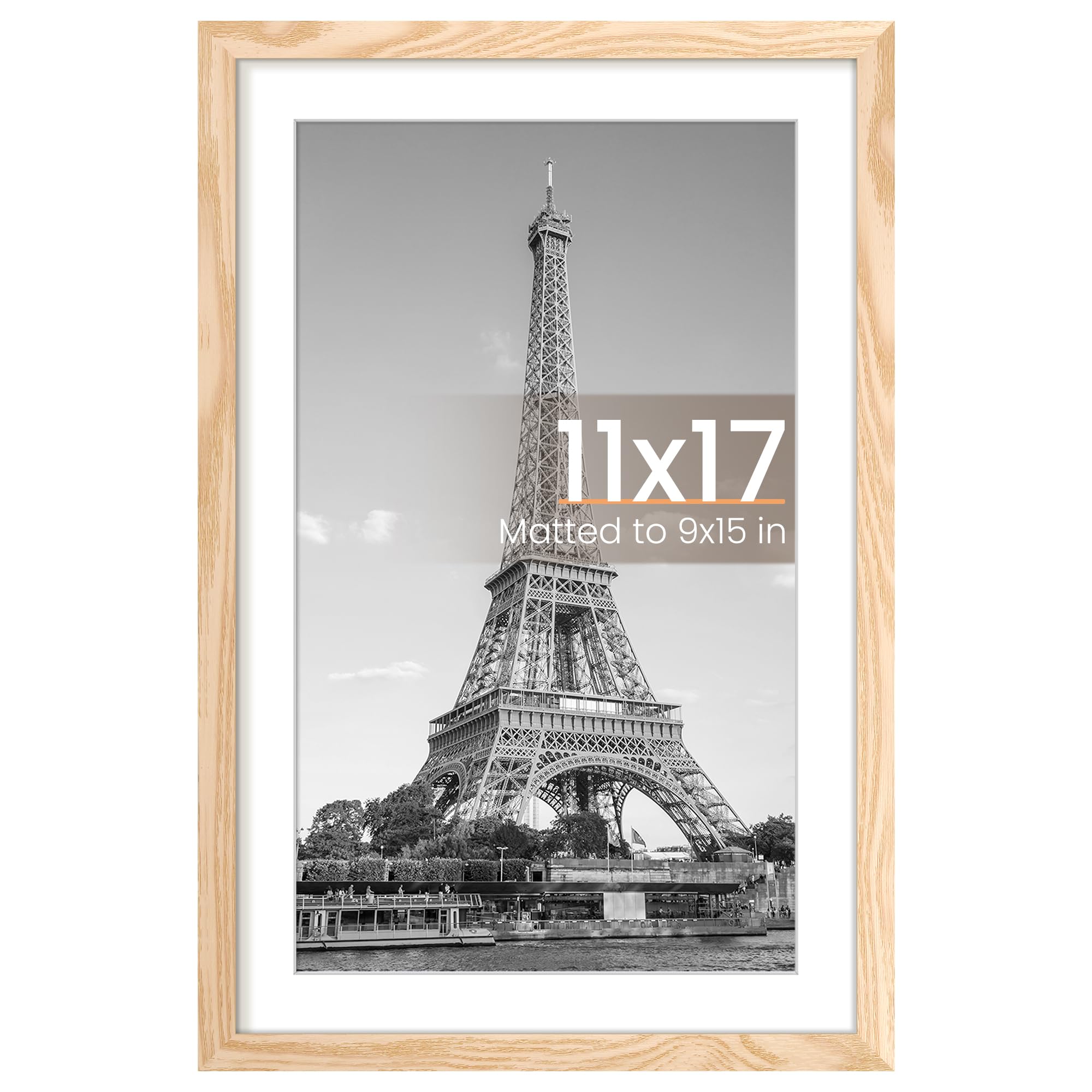 upsimples 11x17 Picture Frame, Display Pictures 9x15 with Mat or 11 x 17 Without, Wall Hanging Poster Frames, Natural Style, 1 Pack