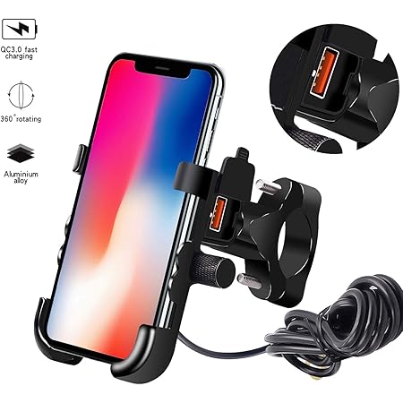 Kriogor Motorrad Handyhalter, QC 3.0 USB Steckdose mit 360°Drehbar Handyhalterung und 1,5m Verbindungskabel, 12V Wasserdicht Universal für 4-6,5 Zoll Smartphone/Samsung/Huawei/Android