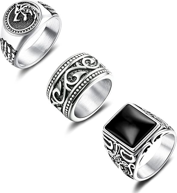 LOLIAS 3 Pcs Signet Rings for Men Stainless Steel Vintage Wolf Head Gothic Punk Rings Mens Biker Wide Celtic Knot Band Ring Silver/Gold