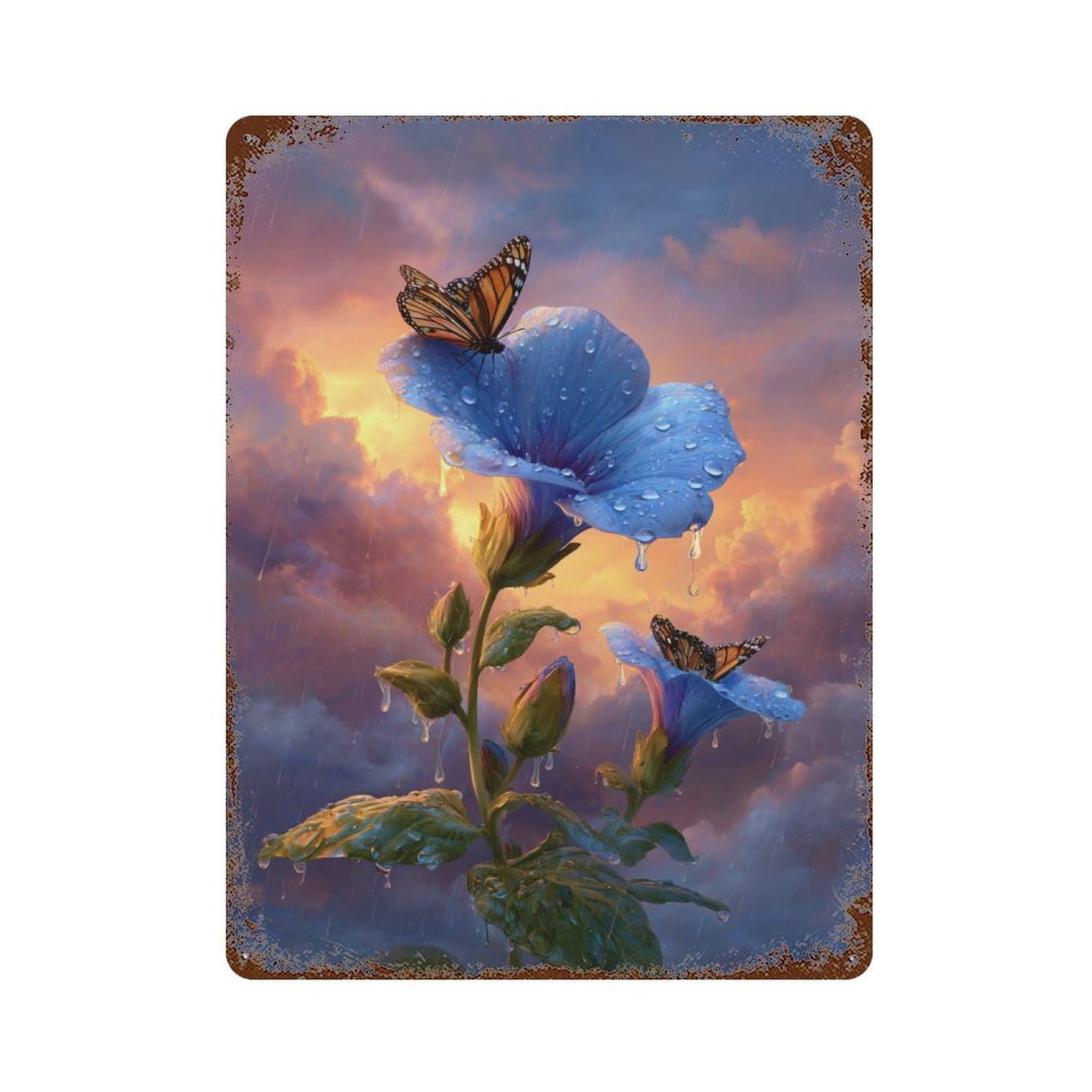 Rainy Sunset Butterflies Rusty Metal Tin Sign 15.7"x11.8", Ideal for Farmhouse, Kitchen And Entryway Decor