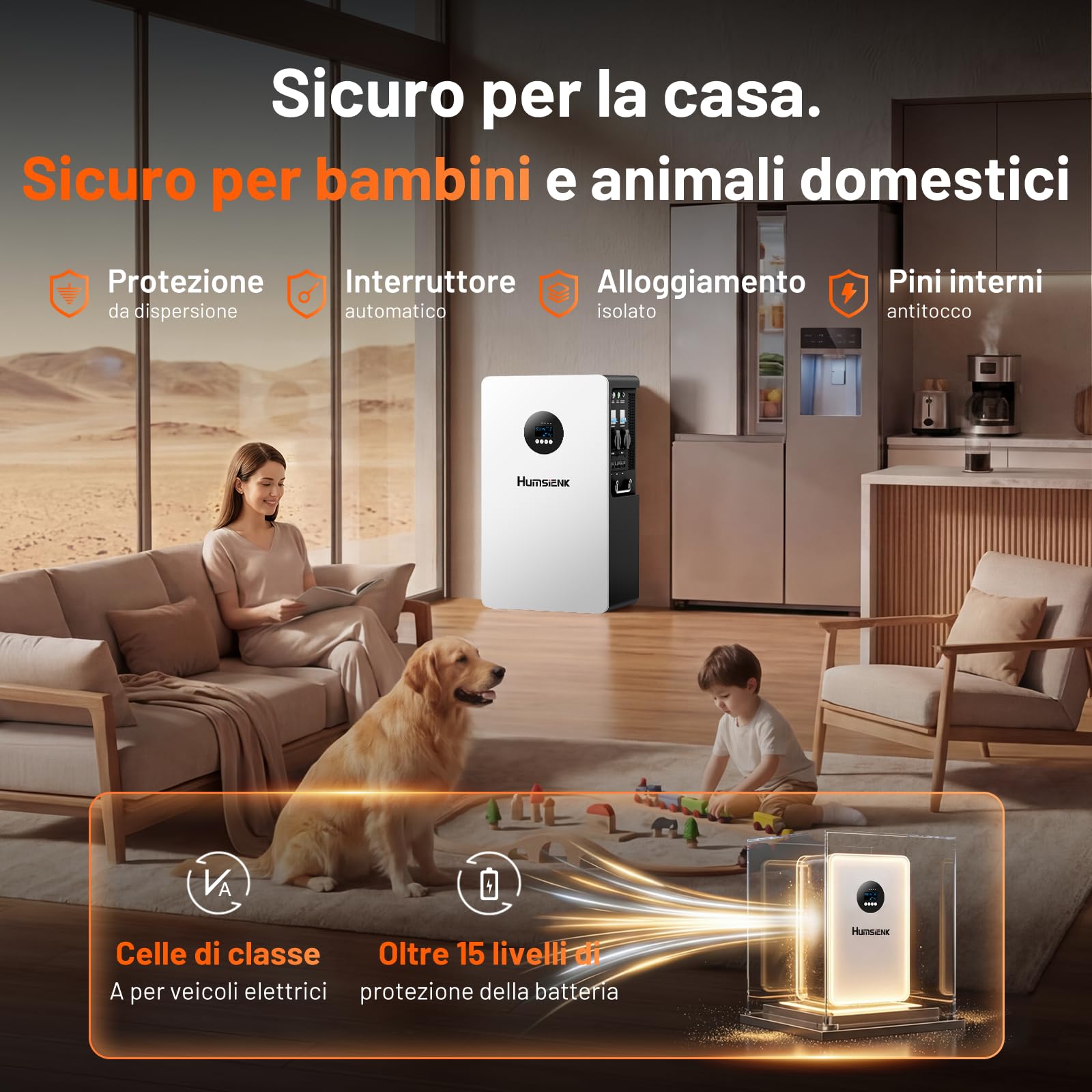 HumsiENK Sistema Solare All-in-One 6-in-1 5kW – Batteria LiFePO4 5.12kWh, Ingresso PV 9000W, MPPT 99.5%, UPS <20ms, BMS 200A con Bilanciamento Attivo 3A per Backup Domestico e Off-Grid