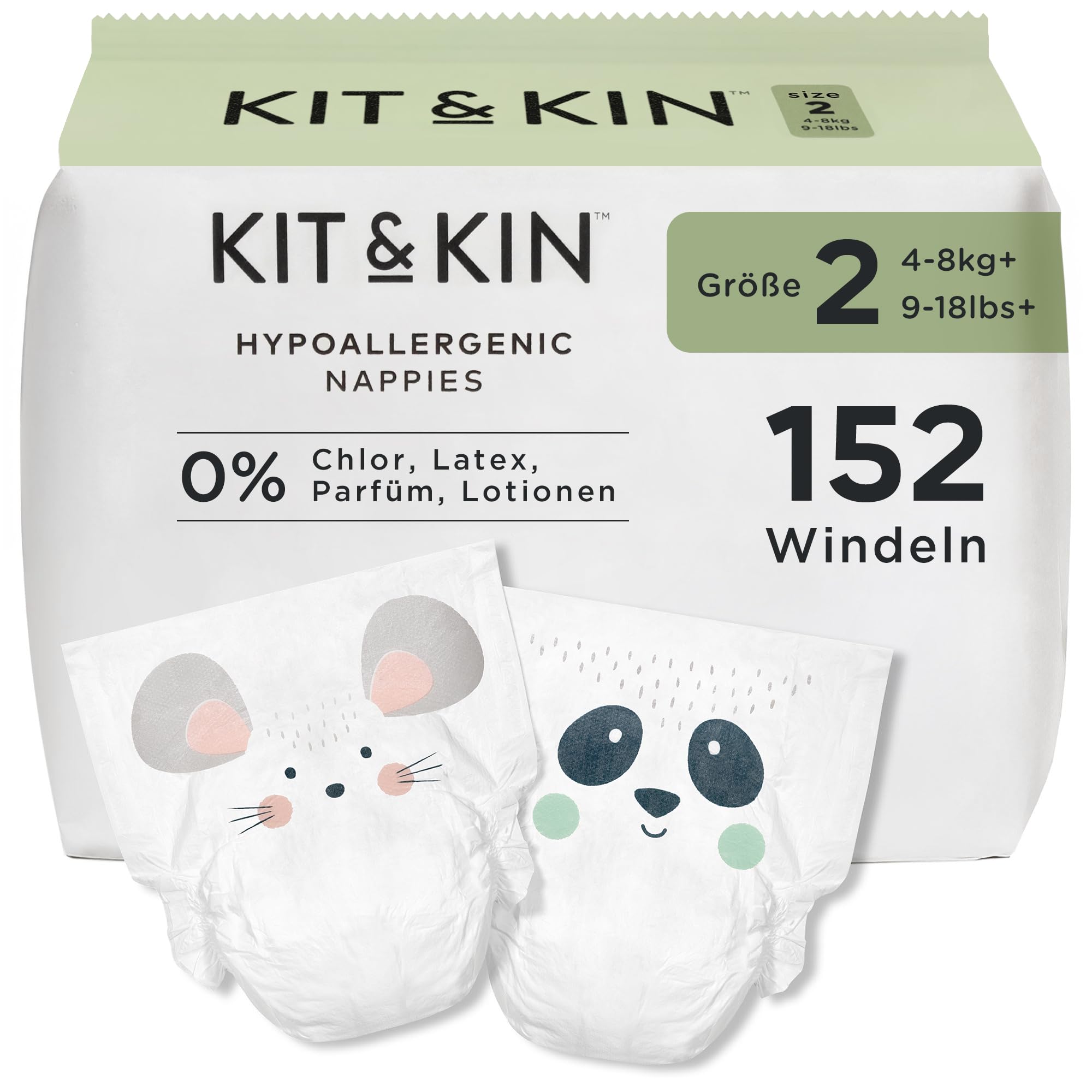 Kit & Kin Premium Windeln Größe 2 (4-8 kg) 152 Stück, Pflanzliche & Hypoallergene Babywindeln, Zuverlässiger Auslaufschutz, Vegan & Tierversuchsfrei