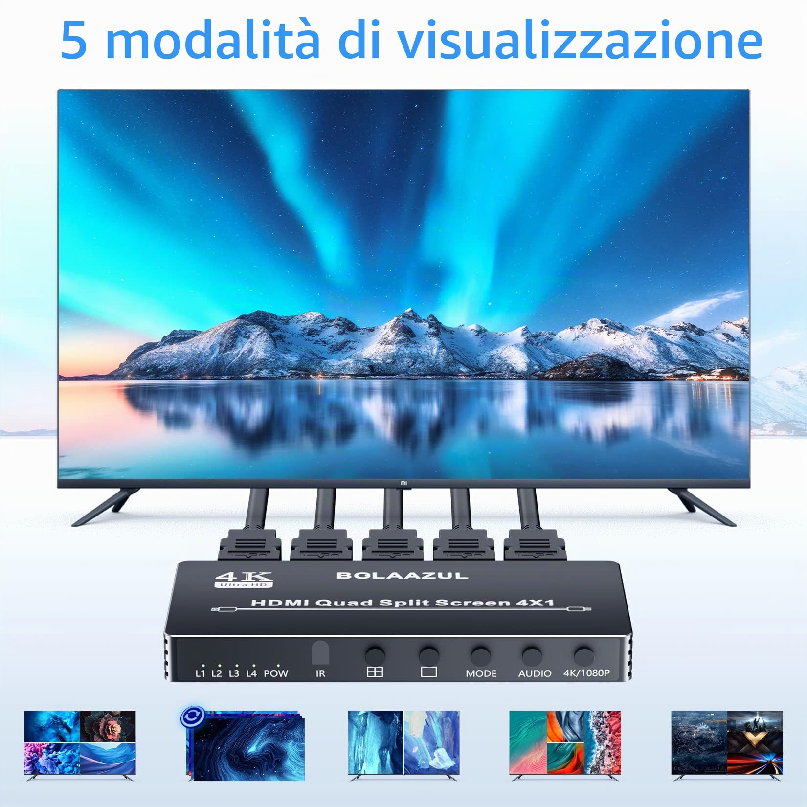BolAAzuL 4X1 HDMI Multiviewer Switch Box 4K 30Hz, Quad Screen Splitter/Multi Viewer Con Switch Senza Cuciture per PS4 DVD Camera PC TV Monitor