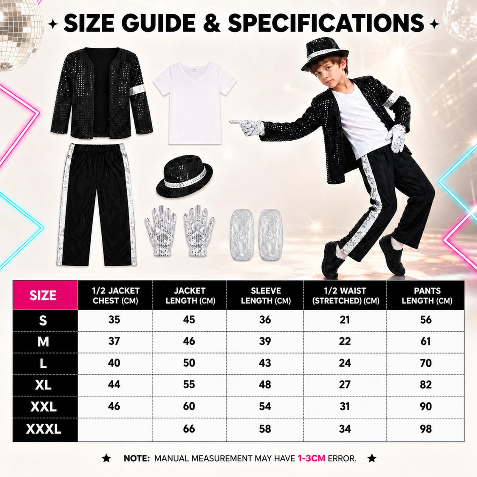 Costume retrò Popstar per bambini, costume da discoteca, King of Pop