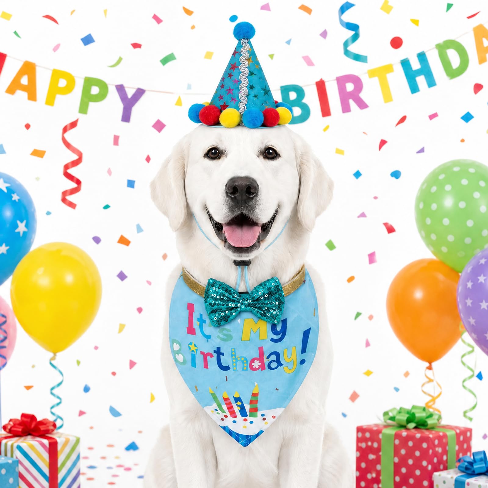 Dog Birthday Party Supplies, Pet Birthday Outfit with It's My Birthday Bandana, Star Party Hat & Adjustable Sequin Bow Tie, Cute Costume Decorations Gift for Small Medium Large Dogs and Cats
