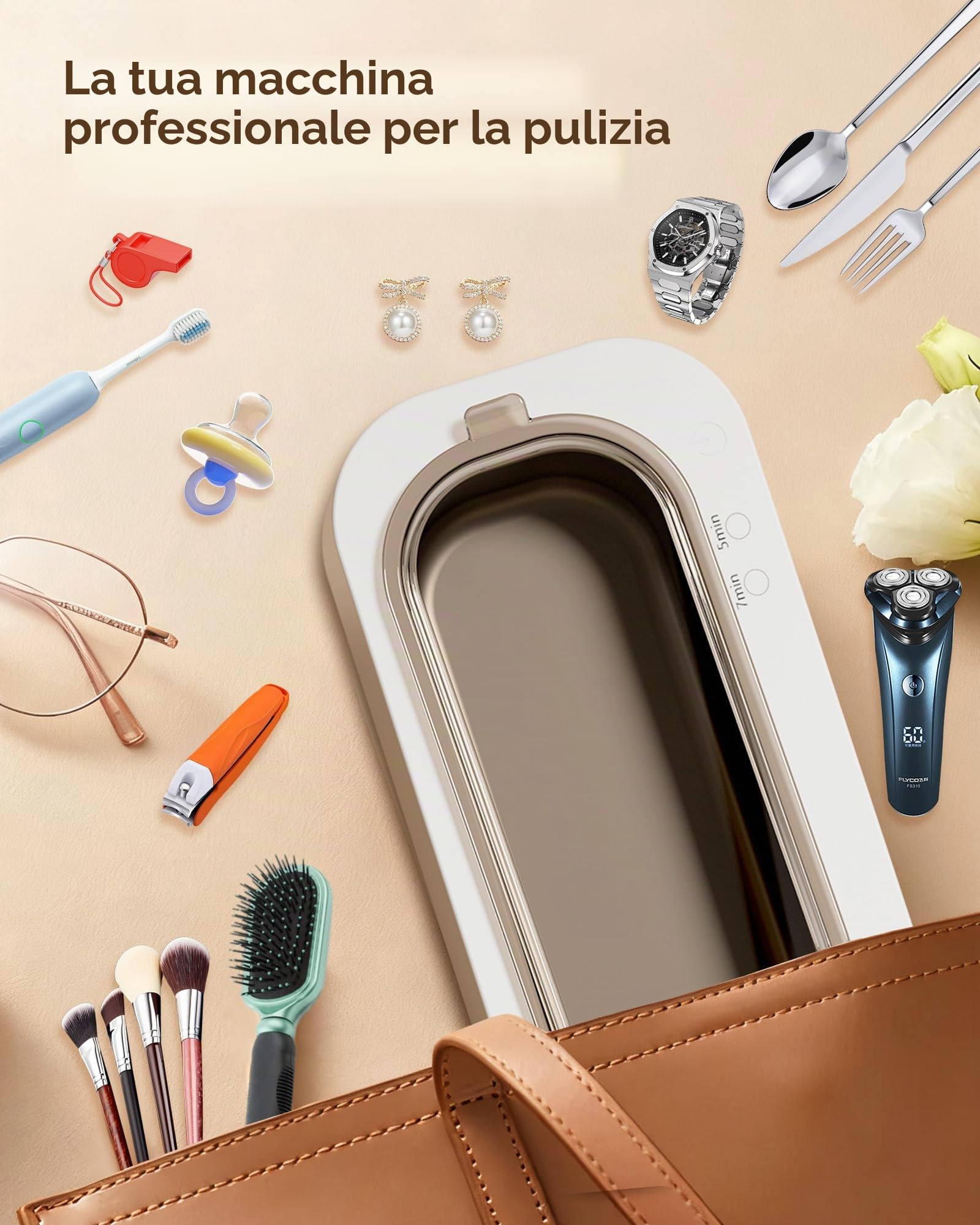 Pulitore Ultrasuoni,Professionale 48KHz Ultrasonica Lavatrice per Gioielli,Occhiali,Protesi Dentarie,Cinturini di Orologi,Retainer,Anelli - 2 Modalità di Pulizia,Serbatoio in Acciaio Inox 304 da 350ML