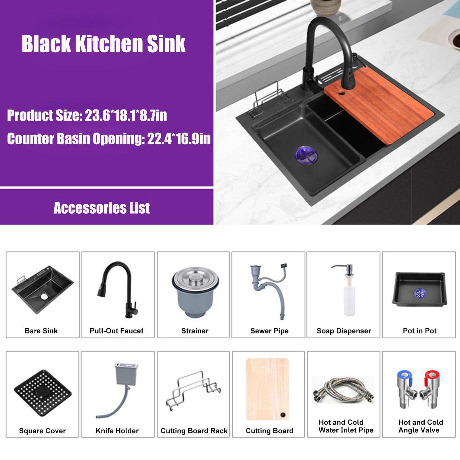 Lavello da cucina a vasca singola Lavello da incasso o sottopiano in acciaio inossidabile 304 con rubinetto estraibile Tagliere Porta coltelli Dispenser di sapone (60 * 46 * 22 CM, Nero) (Nero 60 *