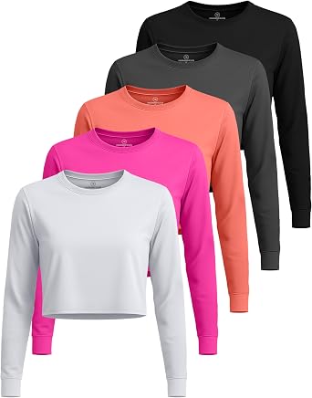 5 Pack Womens Dry Fit Long Sleeve Crop Tops Workout Athletic Crew Neck Tee