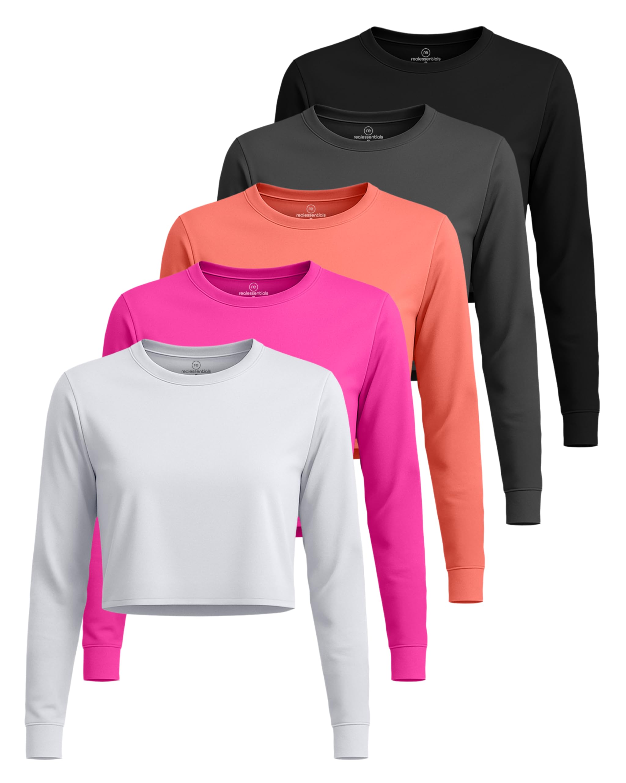 Real Essentials 5 Pack: Women's Dry-Fit Long Sleeve Crop Top - Running Workout Gym Athletic Crew Neck Shirt (Plus Available)