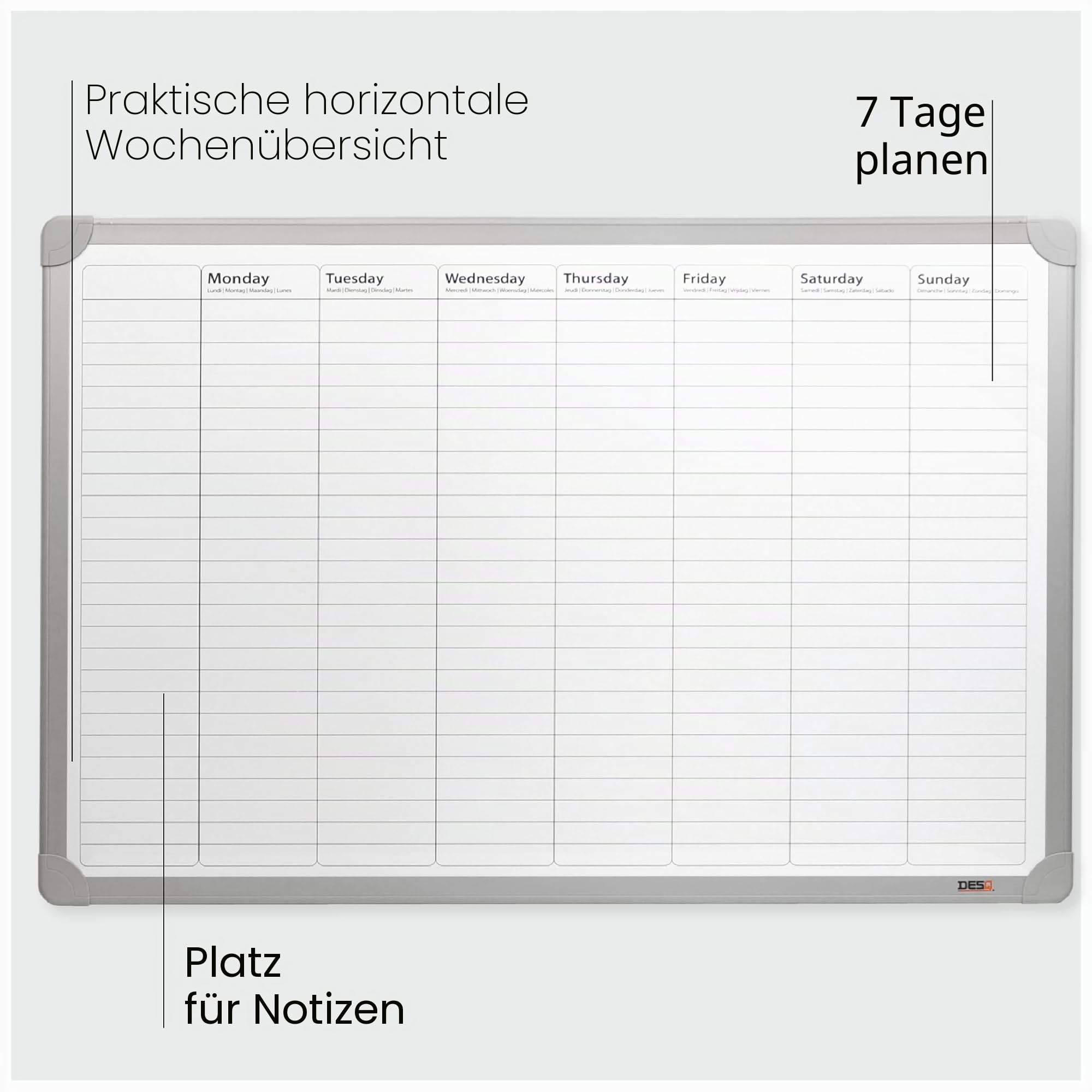 Desq® Wochenplaner | Magnethaftend | Aluminium Rahmen | 60 x 90 cm | Aluminiumablageschale