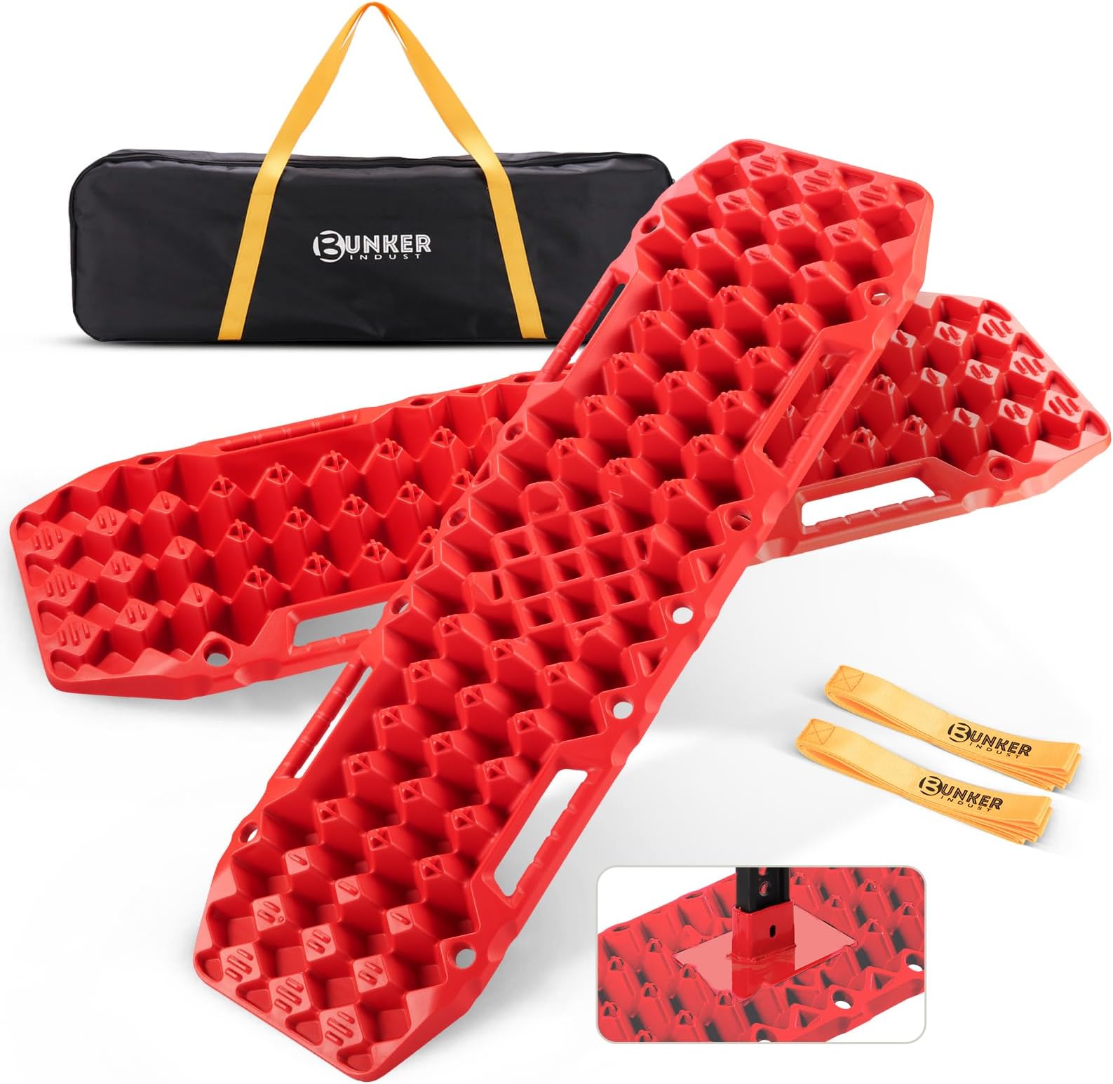 BUNKER INDUST Off-Road Traction Boards with Jack Base,Pair Recovery Track 4X4 Jeep Truck Emergency Tire Traction Mat with Bag -Sand, Mud, Snow Tracks Red Traction Pad (Gen 7th)