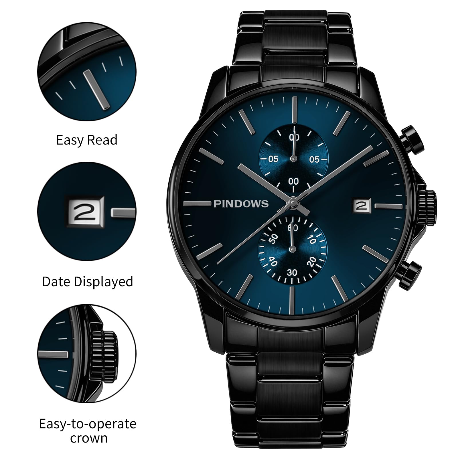 PINDOWS Orologi da uomo, moda, minimalista, business, robusto, acciaio inossidabile, impermeabile, cronografo, orologio al quarzo con datario automatico