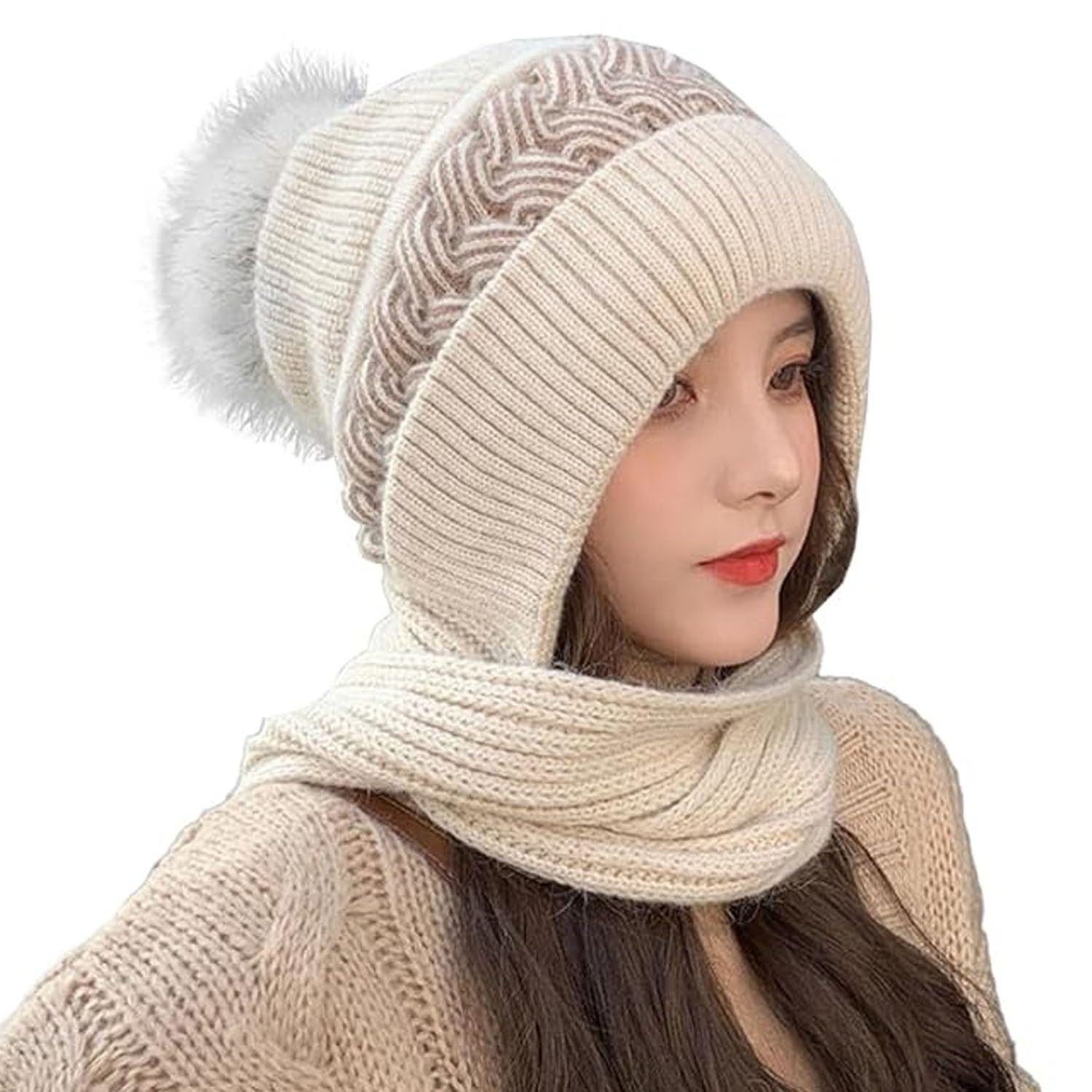 bizarro.in Women's Warm Knitted Woolen Cap Korean Style Hooded Scarf with Ear Protection-picture-48
