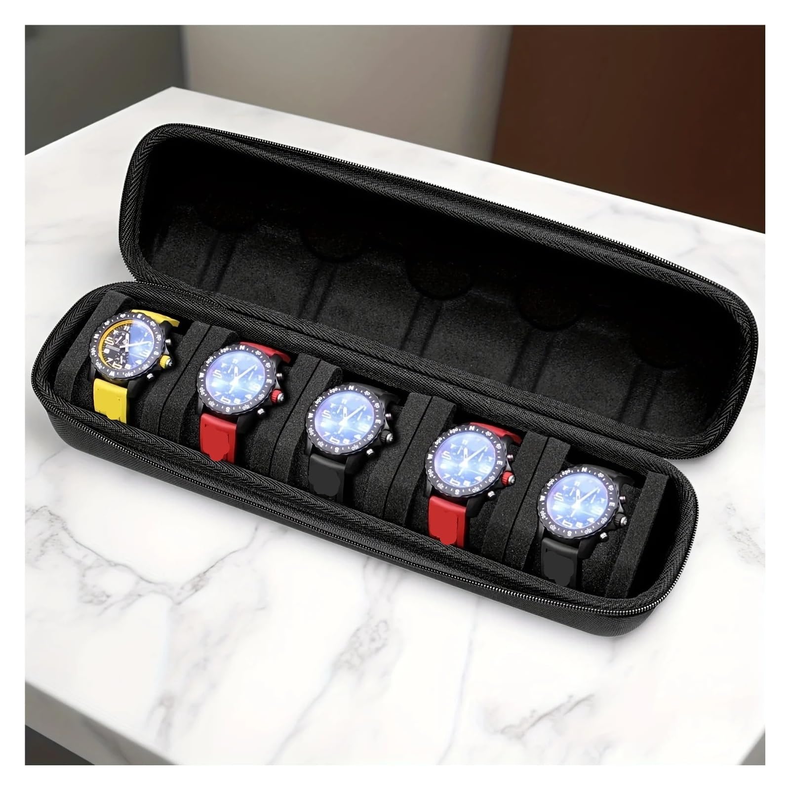1 Stück 5-Slot Uhrengehäuse Hartschalen-Reise-Organizer mit Kisseneinsatz - Schwarz Geeignet for die Aufbewahrung von Smartwatches zur Aufbewahrung von Uhren
