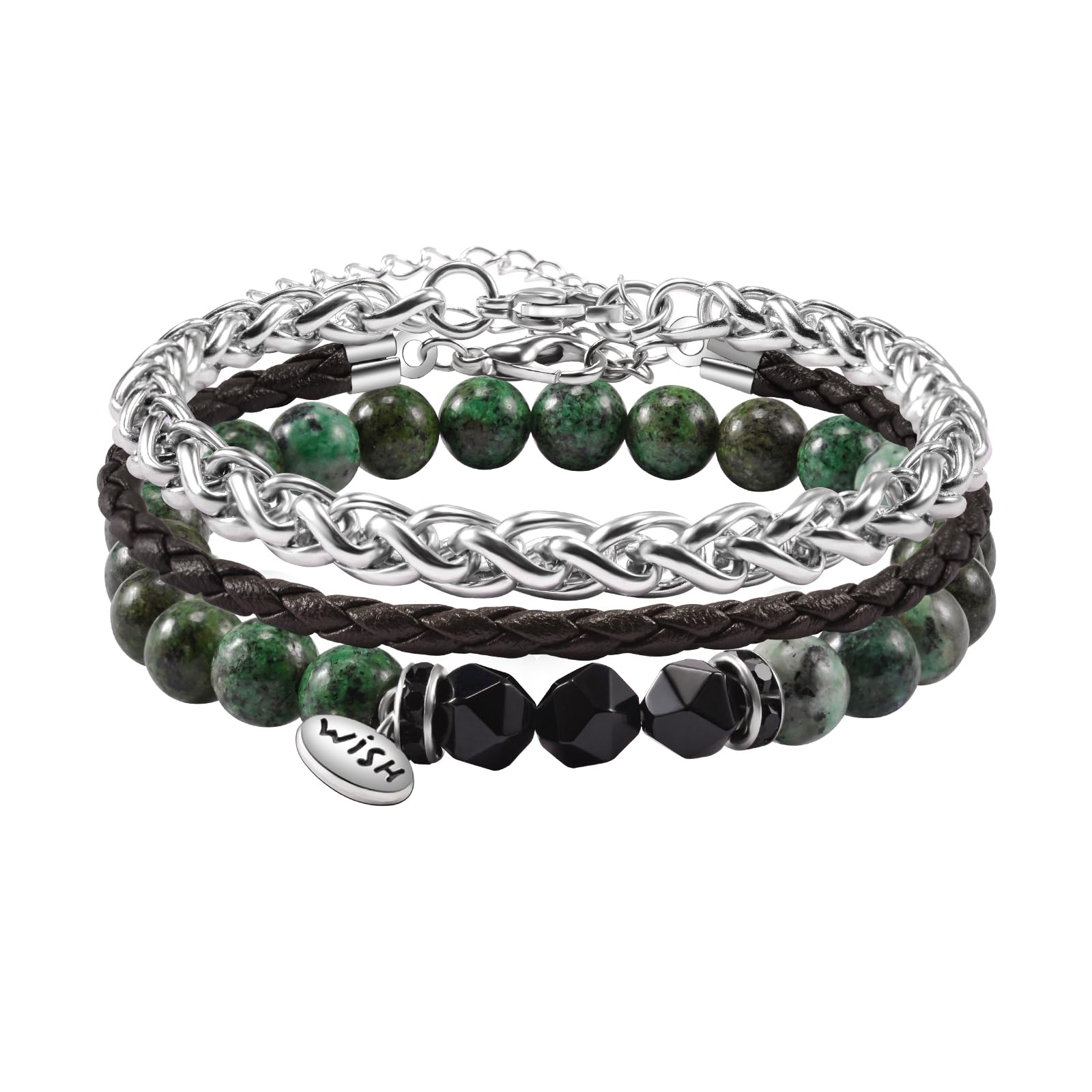 YELUWA 3 PCS Bracciali Di Pietra Bianco Turchese Africana per Uomo Con 3 Bracciale Di Ossidiana Nera in Titanio E Corda Vintage Intrecciata Mano Regali Compleanno per Ragazzi Fidanzati Moda Bracciale