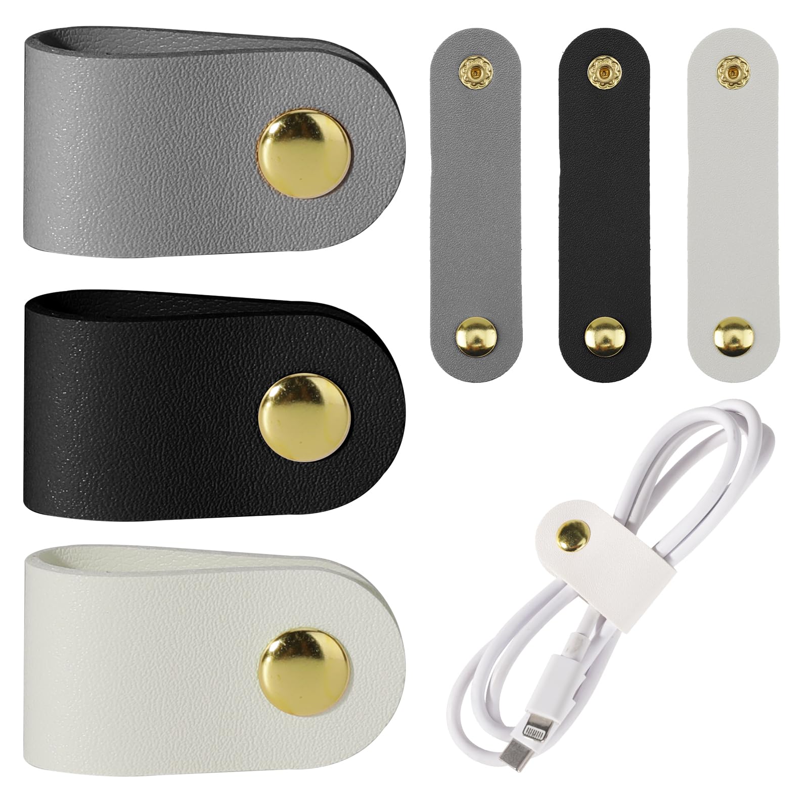 6Pcs Leather Cable Straps Travel Leather Cord Organizer Reusable Snap in Cord Organizer Leather Cable Ties Phone Charging Cord Power Cord Headphone PU Leather Organizer USB Multipurpose Cord Holder