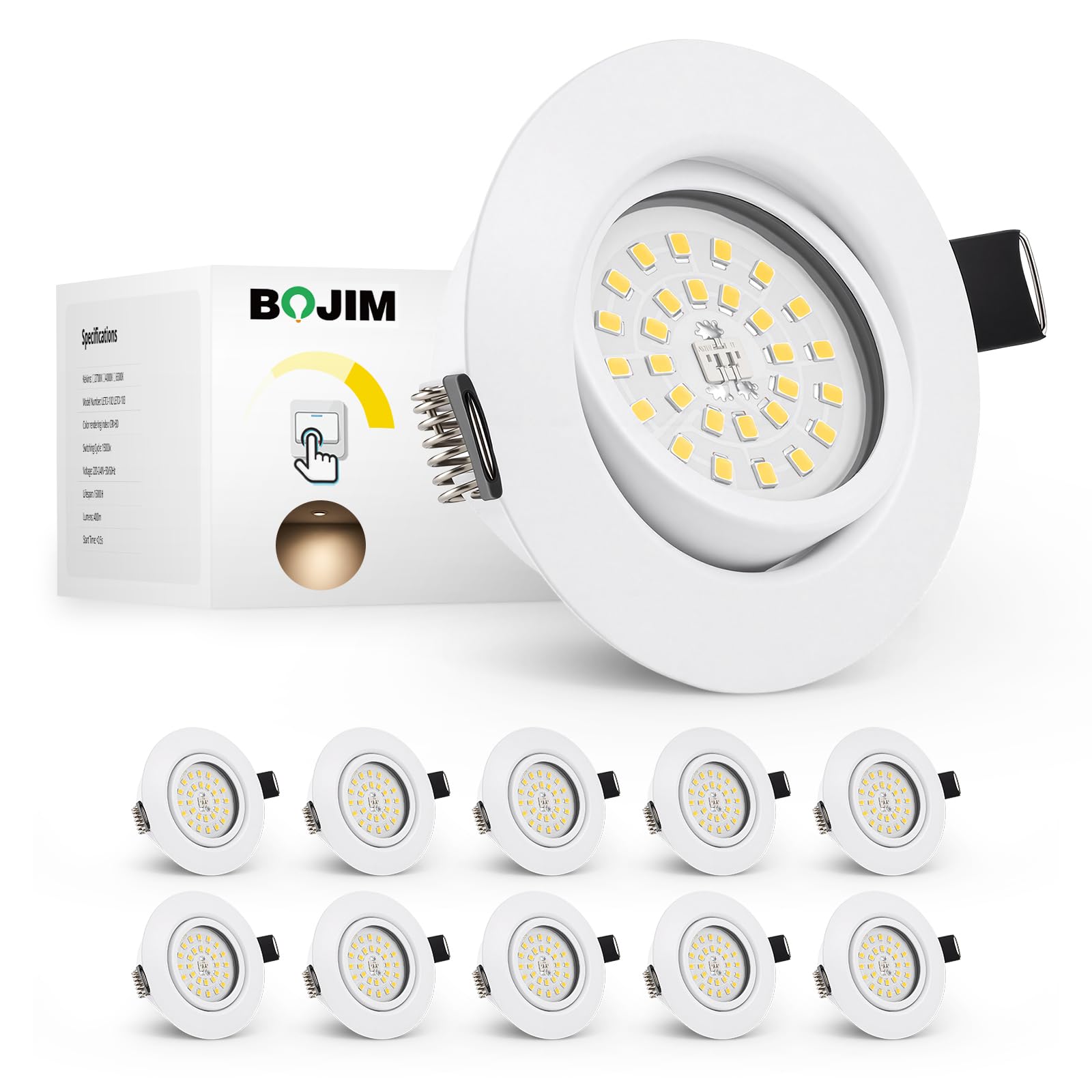 BOJIM Einbaustrahler LED 230V Flach Dimmbar, 5.5W 68mm - 80mm Lochmaß, für Küche Wohnzimmer Badezimmer