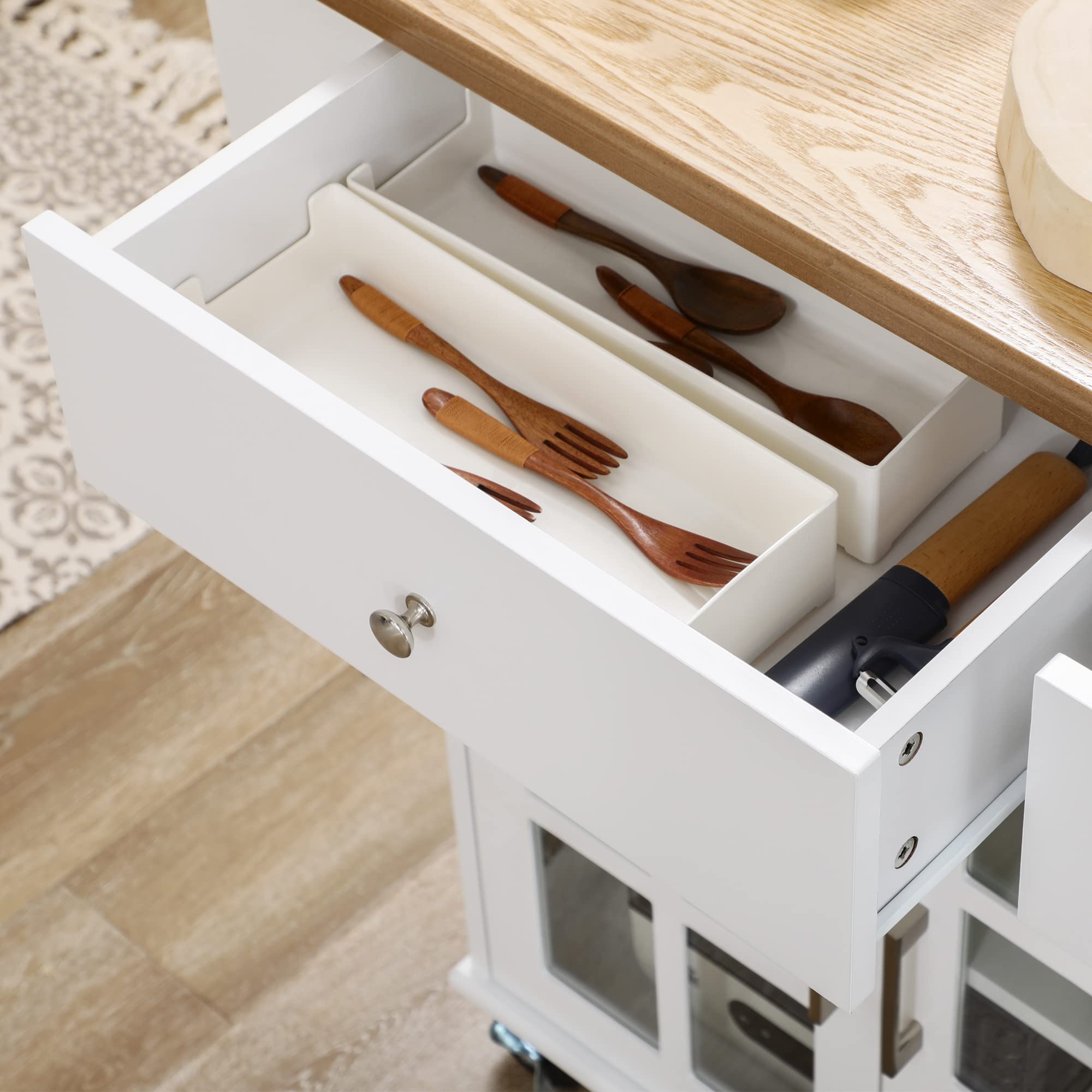 HOMCOM Carro de Cocina Isla de Cocina con Ruedas Multifuncional con 2 Cajones 3 Puertas de Vidrio Templado Toallero y Especiero 124,5x39,5x90 cm Blanco