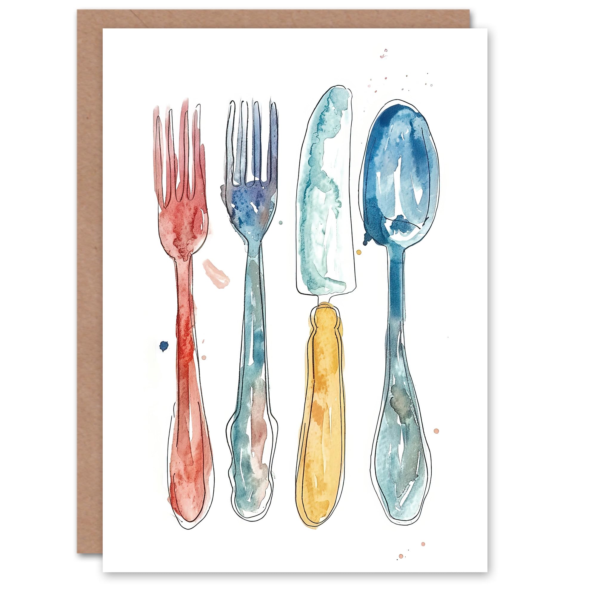 Artery8 Greeting Card Cutlery Fork Knife Spoon Bright Happy Watercolour Blank For Him Or Her Art Birthday Card