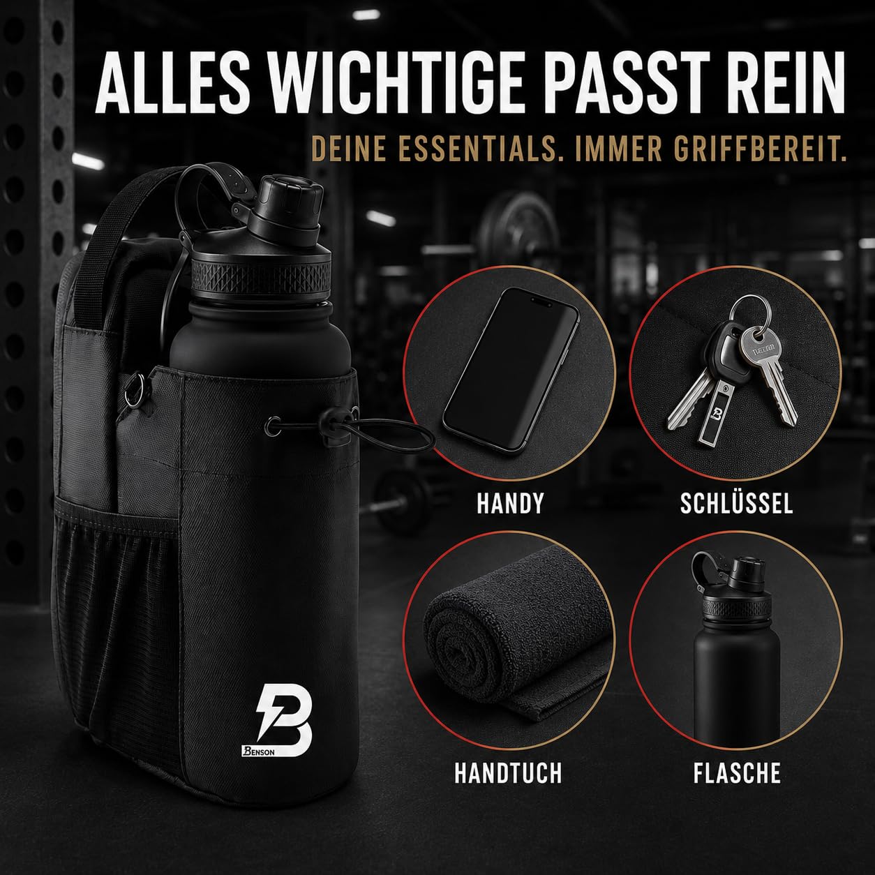 Benson Sac de fitness magnétique - Sac banane avec fixation magnétique puissante - Porte-bouteille pour bouteilles jusqu'à 3000 ml - Compartiment pour téléphone portable - Mousqueton - Pour homme et
