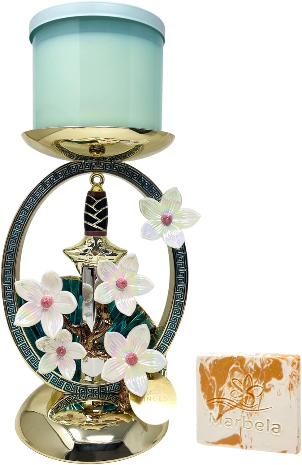 Bath & Body Works Limited Edition Princess Collection Mulan Pedestal 3-Wick Candle Holder with a Peach Gardenia Sample Soap