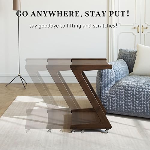 Miniatura 7 de ZIYOO Mesa auxiliar en forma de Z con ruedas, mesa auxiliar de bambú que se desliza debajo del sofácama, mesa móvil de aperitivos para sala de