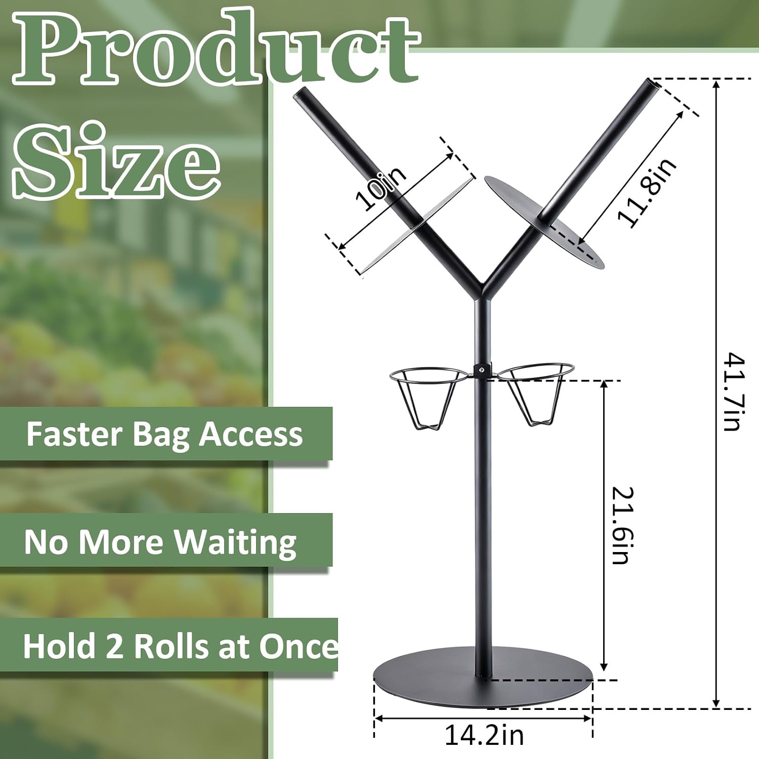 Zonon Dual Roll Grocery Roll Bag Holder Floor Standing 41 Inch Produce Bag Dispenser with Twist Tie Cup Organizer Black Straight for Supermarket Grocery Kitchen Storage