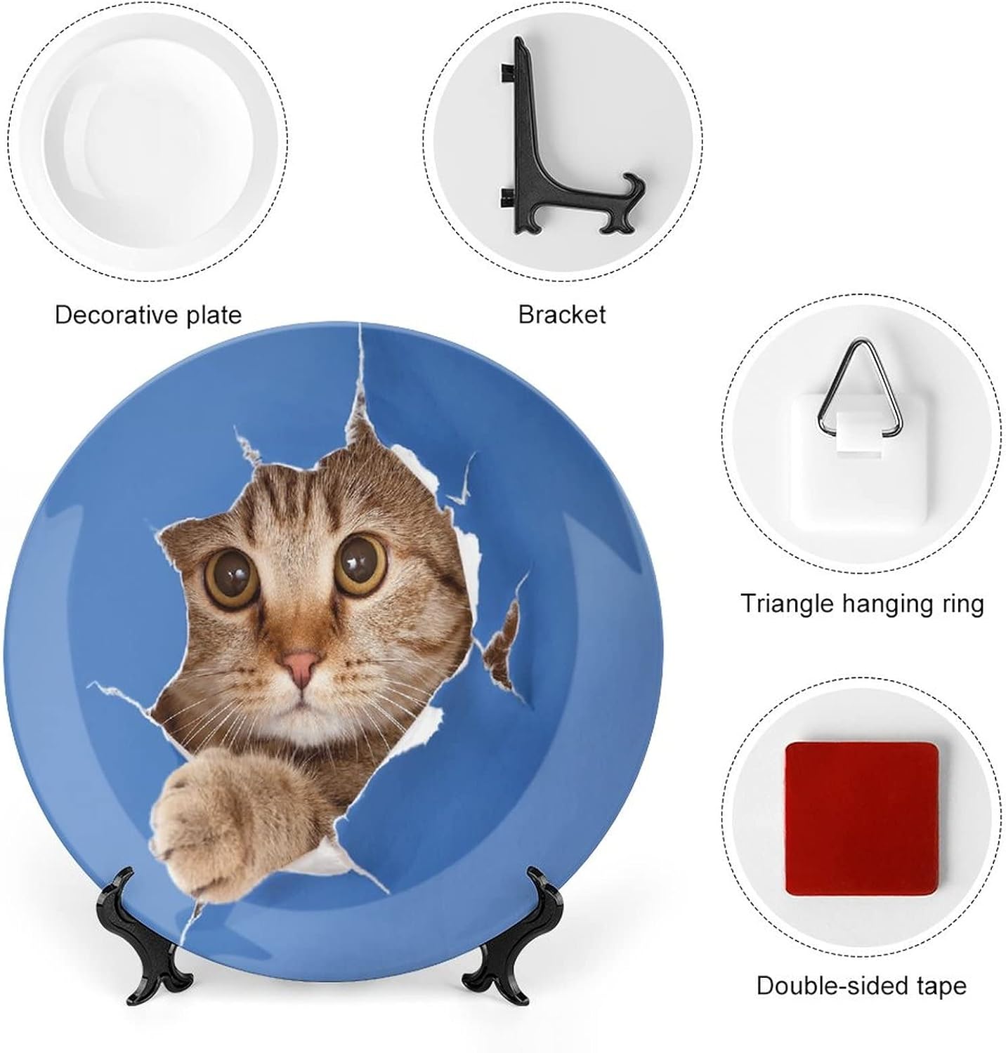 6 Inch Decorative Plate, Animal Round Porcelain,Cute Cat in Paper Hole Paws Playful Adorable Pet Print Ceramic Wall Hanging for Fine Dining For Upscale Events, Dinner Parties, Weddings, Catering