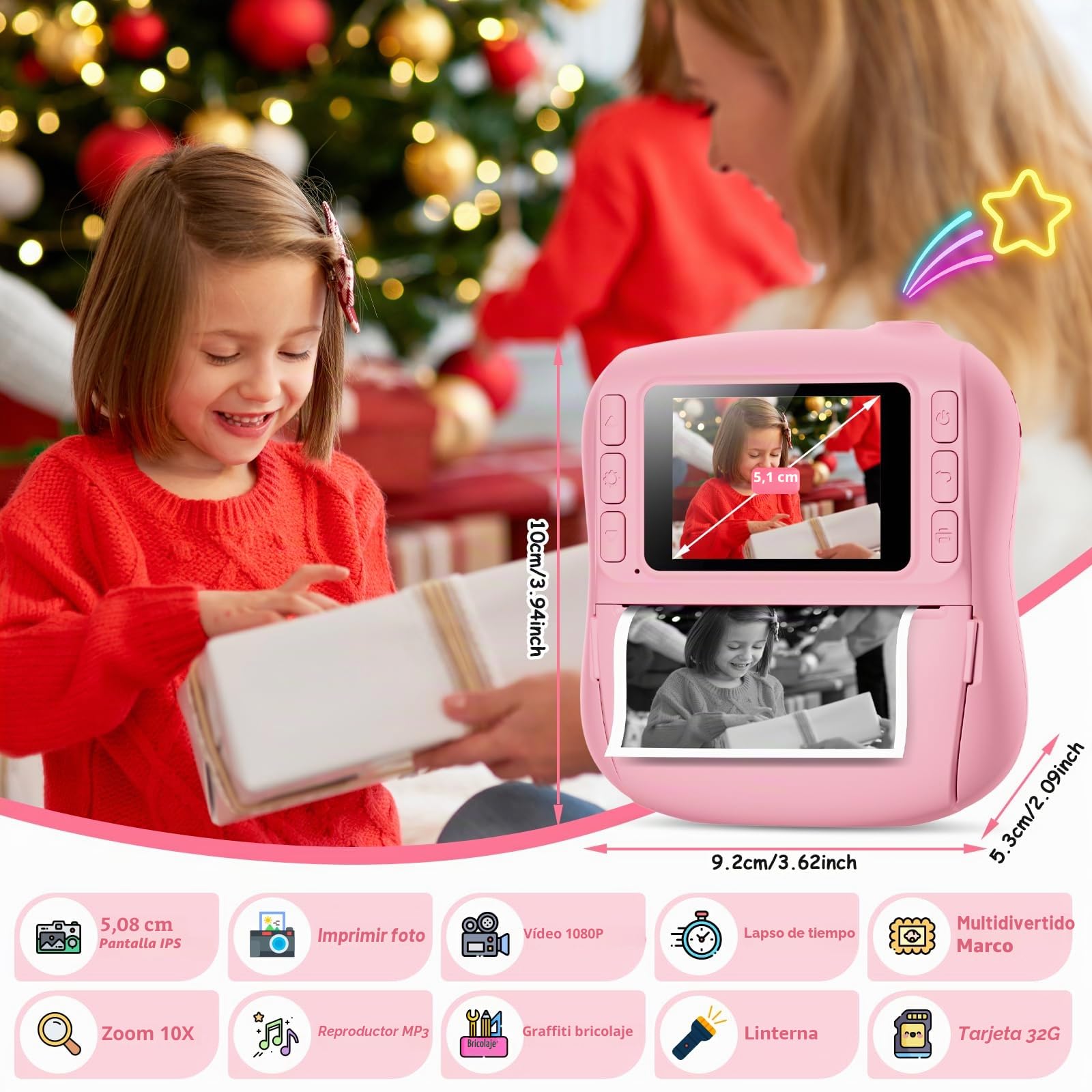Hangrui Camara Fotos Infantil Instantanea, 1080P Camara Fotos Infantil, Cámara Instantánea para Niños con Tarjeta de 32GB,Papel de Impresión y Bolígrafos de Colores, Regalos Juguete-Rosa