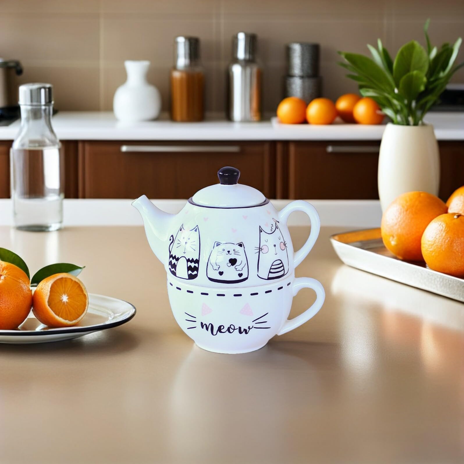 TOYANDONA Set Teiera e Tazza in Ceramica Motivo Gatti, Kit da Tè per Uso Domestico, Design Decorativo Bianco, Adatto per Casa, Ufficio e Regalo