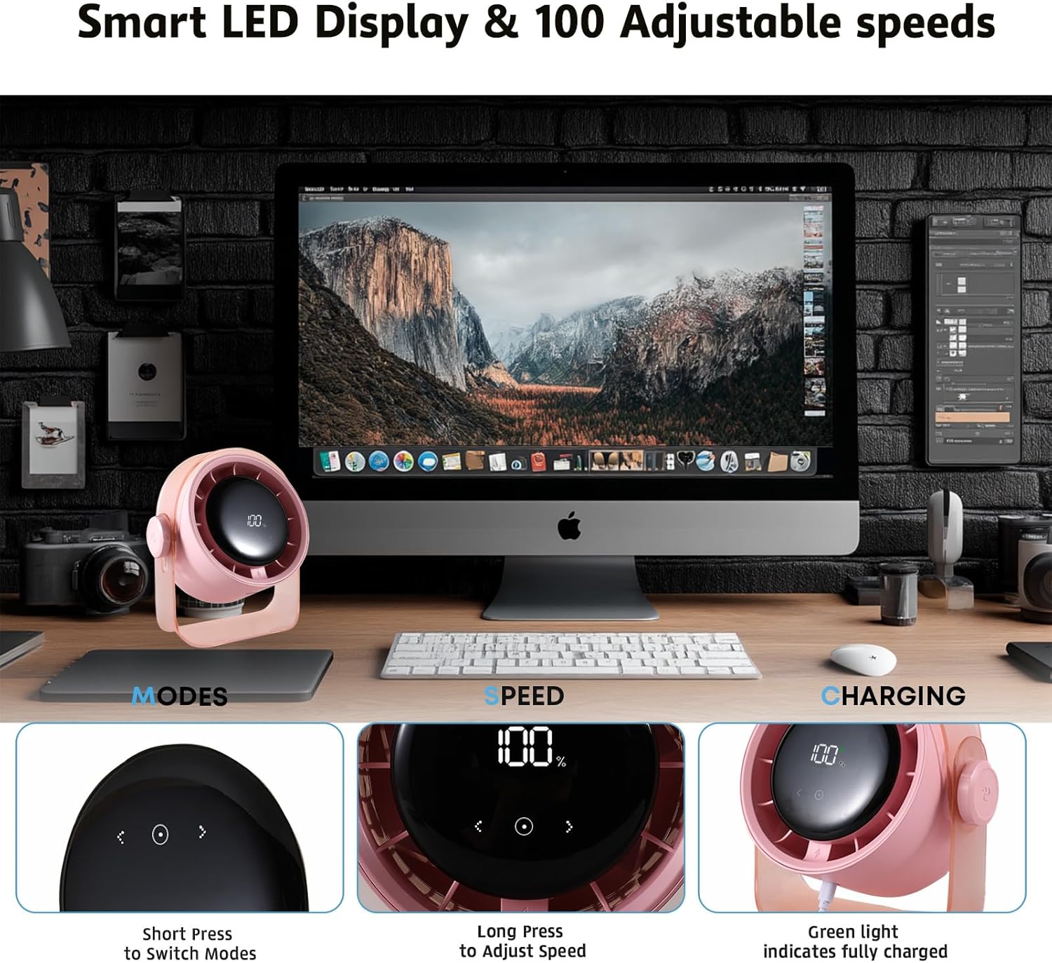 VAVOFO Desk Fan, Small Quiet LED Display Portable USB Fan, 180°Tilt, 100 Speeds, 5 Modes, Rechargeable 3600mAh Battery Operated Table Fans For Office, Bedroom, Outdoor（PINK） - Image 2