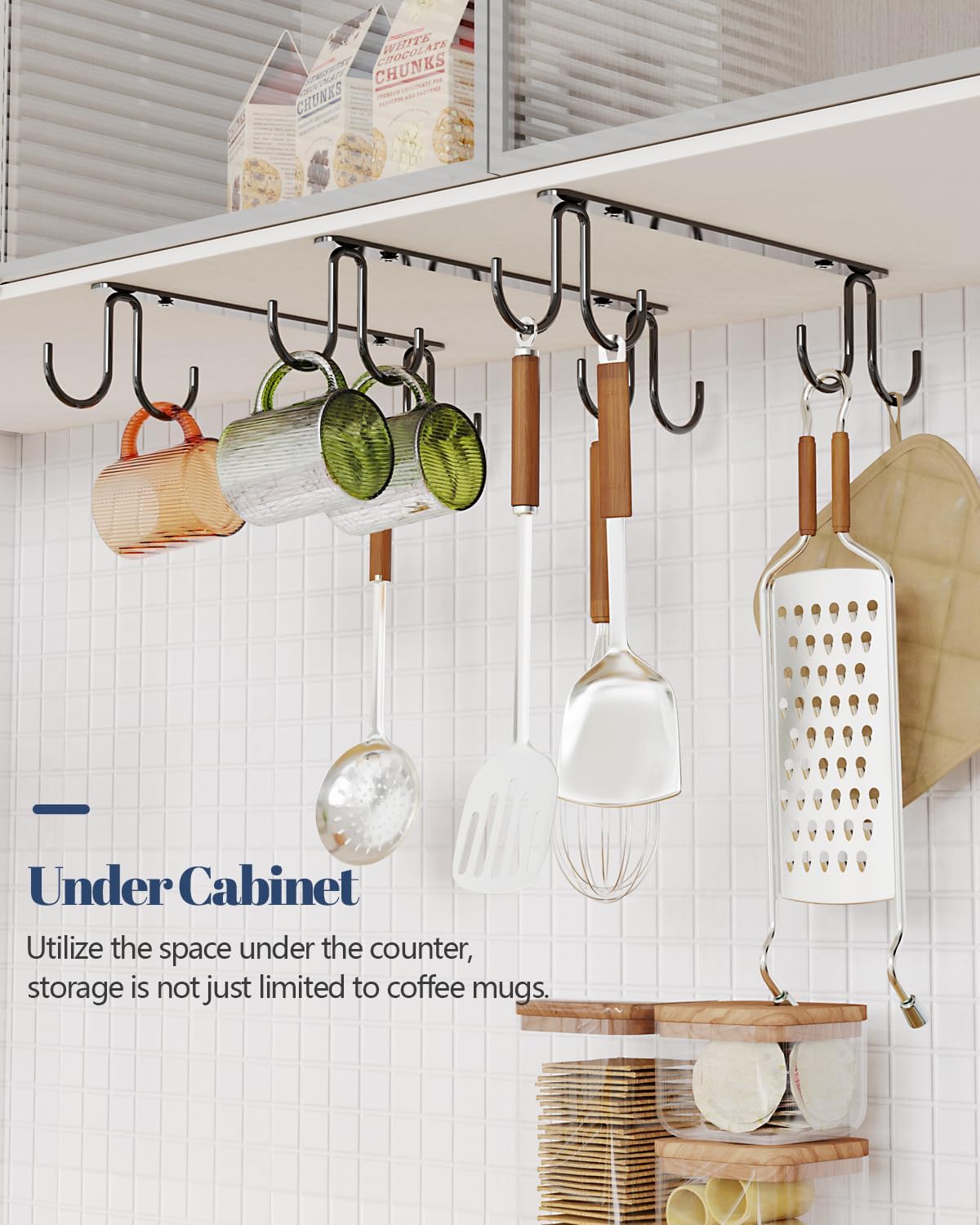 Luckinow Mug Hooks Under Cabinet 3 Pack, Metal Cup Hooks for Hanging Under Shelf, Mug Organizer Rack with 12 Hooks for Displaying Mugs, Coffee Cups and Kitchen Utensils, Black