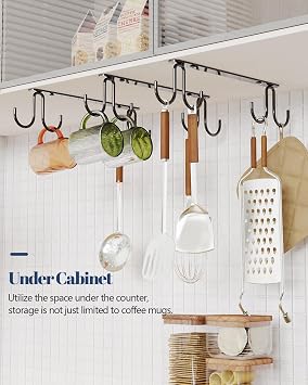 Luckinow Mug Hooks Under Cabinet 3 Pack, Metal Cup Hooks for Hanging Under Shelf, Mug Organizer Rack with 12 Hooks for Displaying Mugs, Coffee Cups and Kitchen Utensils, Black