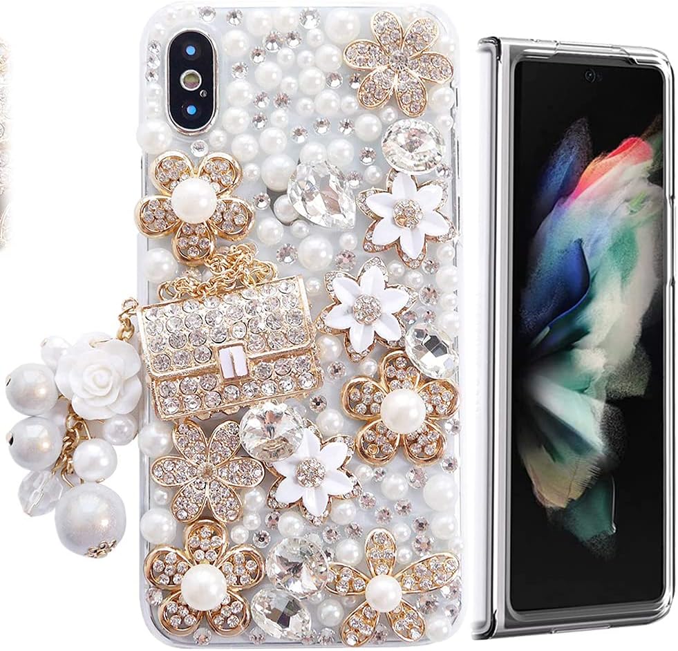Sparkle Case - Compatible with Samsung Galaxy Z Fold 3 5G - Stylish - 3D Handmade Bling Girls Bag Pearl Pendant Flower Rhinestone Crystal Diamond Design - Gold