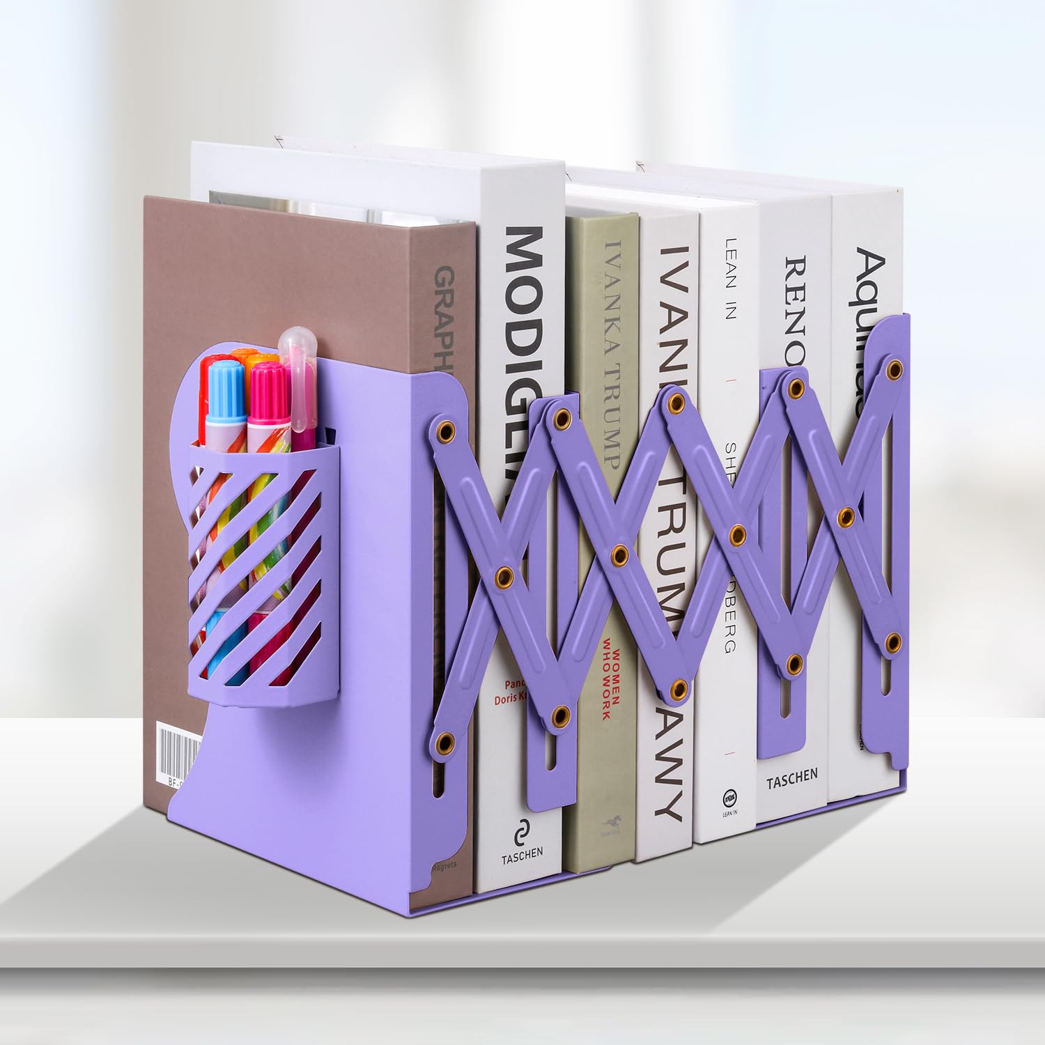 Honagu Sujetalibros ajustables, metal, morado (19 pulgadas, organizador personalizable para el hogar, oficina, escuela, libros, papeles, se extiende hasta 19 pulgadas, soporte para bolígrafos