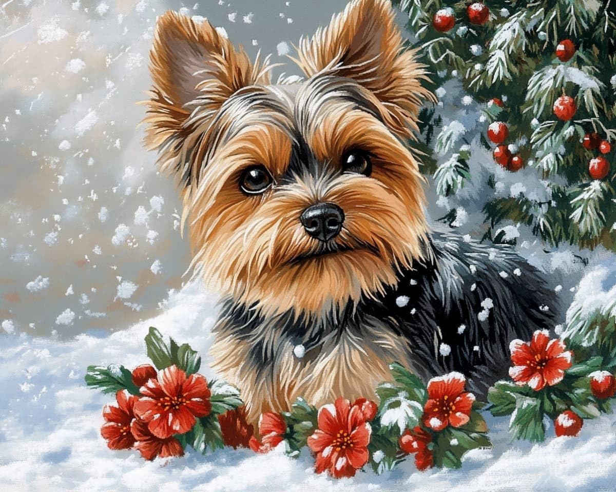 AxiangziK Beginner Cross Stitch Embroidery Kit,Yorkshire Terrier in the Snow 12x16in Easy Pre-Sew Printed Needlepoint Kit,Relaxing DIY Art Craft Supplies for Adults Family Bedroom Decor