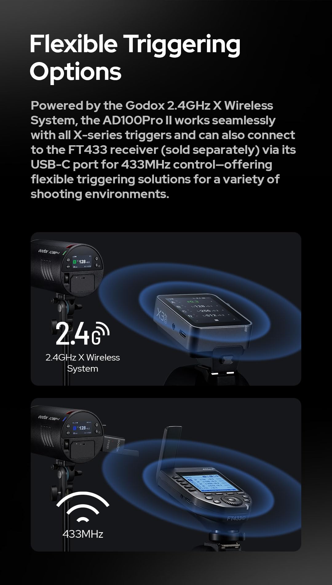 Godox AD100 Pro II AD100Pro II AD100Pro II AD100ProII flash estroboscópico con kit AK-R1, sistema X de 2.4 GHz + módulo de 433 MHz/LED de 2 W/10 niveles de brillo/490 pops de potencia completa/tiempo