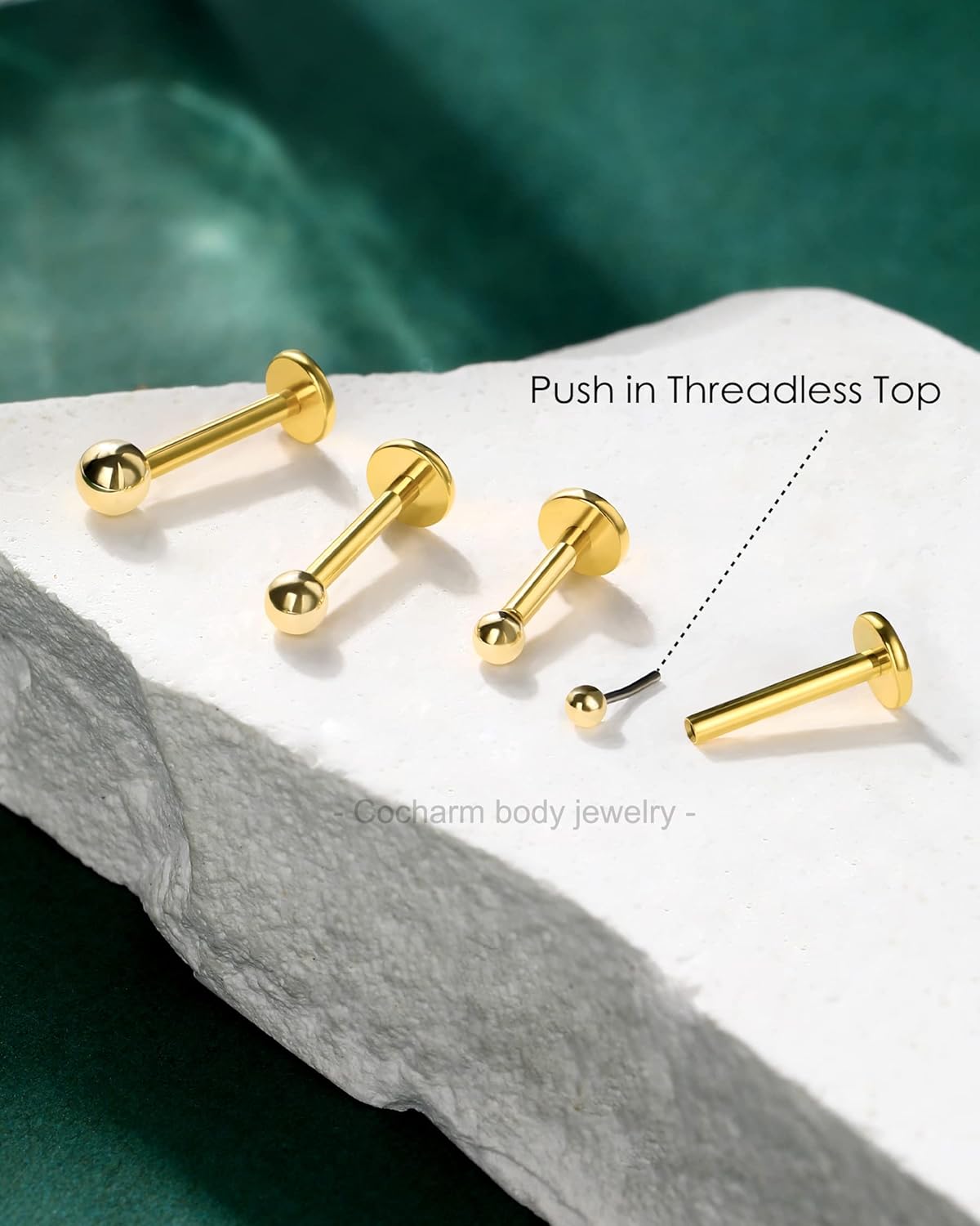 COCHARM 14K Solid Gold Helix Cartilage Tragus Earring Stud 16g Yellow Gold Threadless Tragus Cartilage Helix Conch Piercing Jewelry Flat Back Lip Labret Medusa Monroe Piercing Stud - Image 5