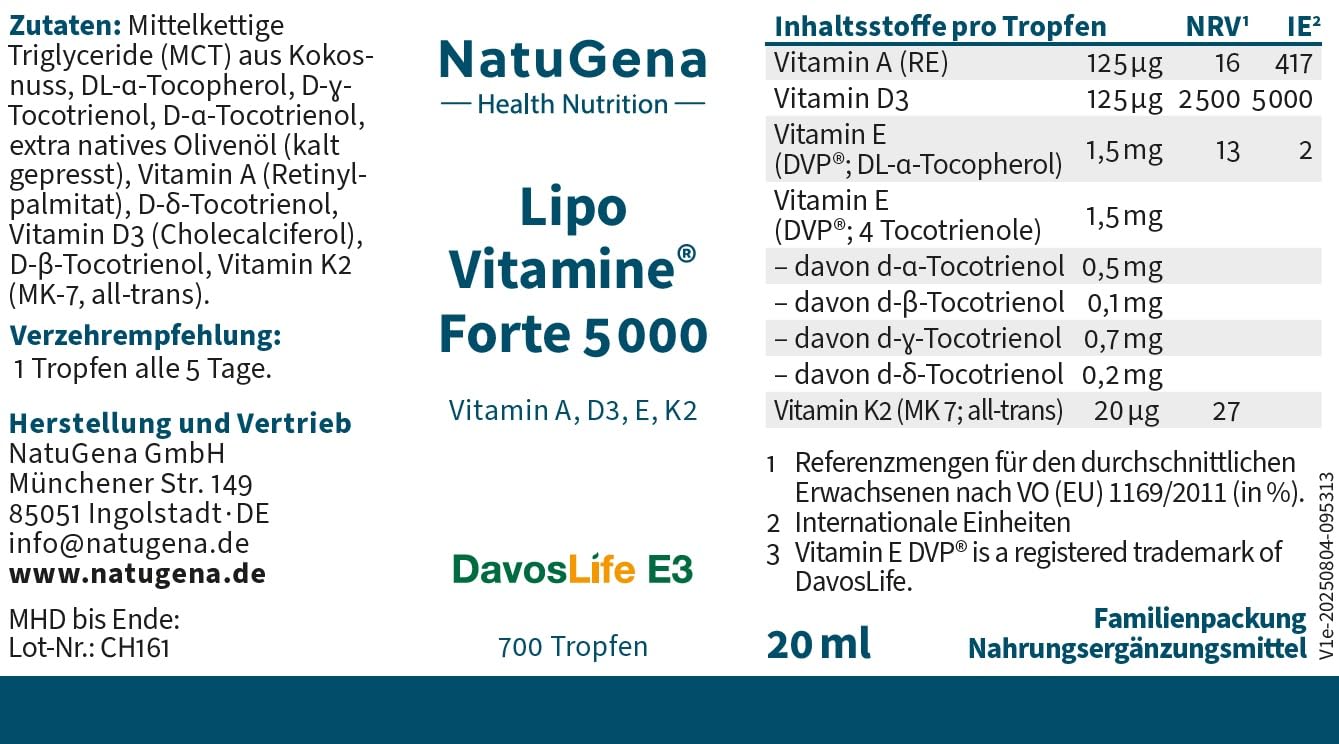 NatuGena Lipo Vitamine 5000, Vitamin D3, E, K, A, trägt zu einer normalen Funktion des Immunsystems bei, 20 ml / 700 Tropfen (Familienpackung)