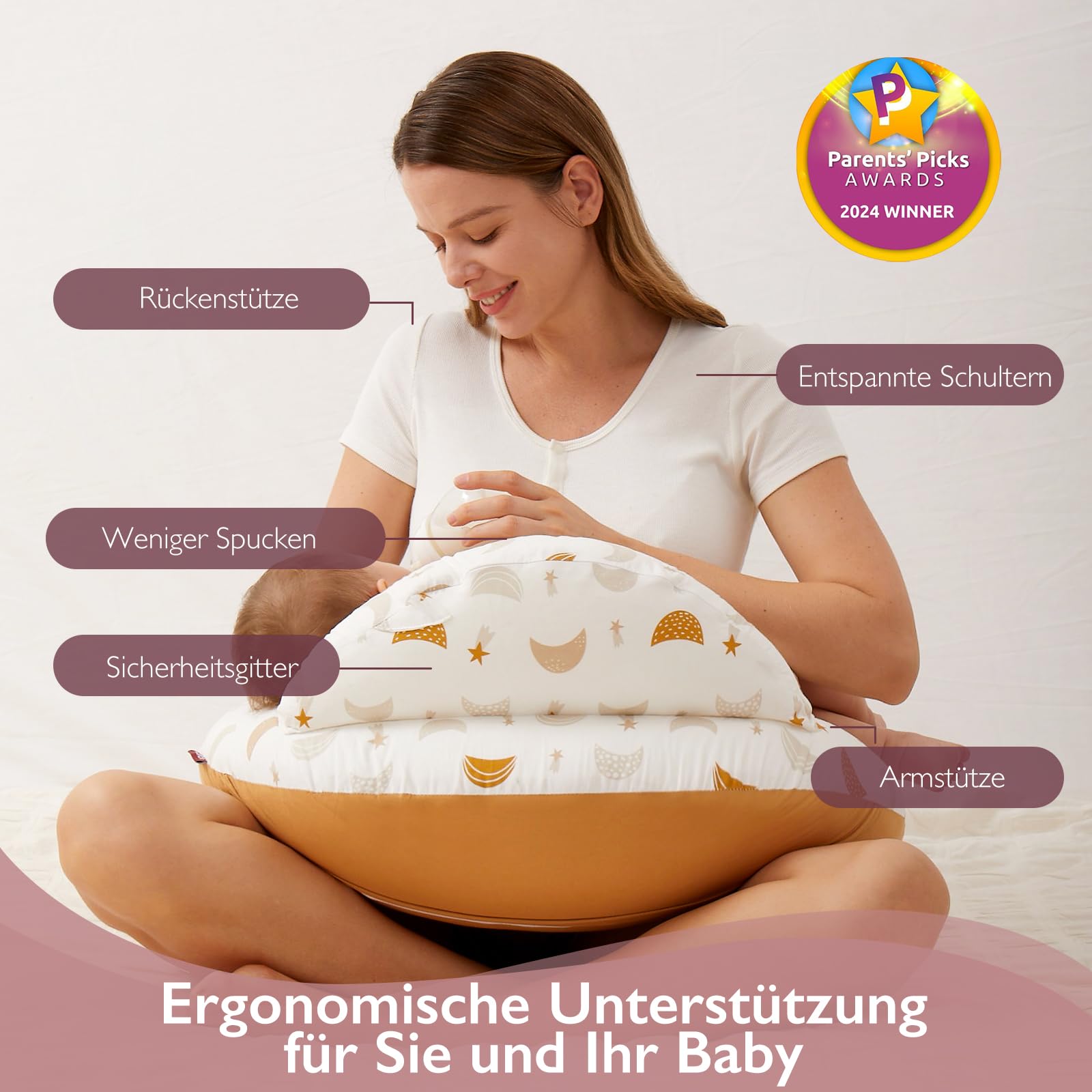 Momcozy Stillkissen mit Sicherheitsumrandung – Ergonomisches Still- und Lagerungskissen mit verstellbarem Gurt & abnehmbarem Baumwollbezug,Meteoritenschauer