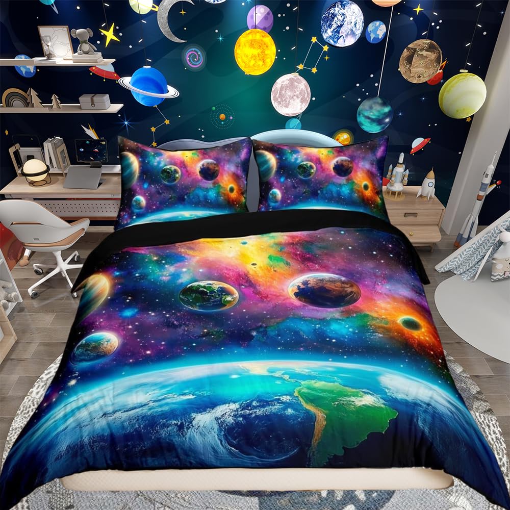 richhome Universe Galaxy Super King Size Kids Planets Earth Bedding Set for Boys Girls Teens Solar System Duvet Cover Breathable Outer Space Comforter Cover Set Nebula