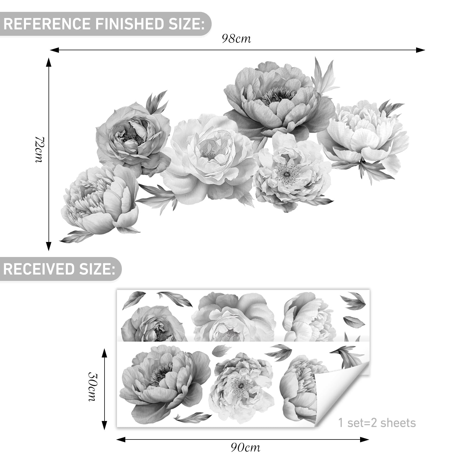 SHUCHING 3D Large Flowers Wall Stickers, Black and Grey Florals Wall Decals - Image 4