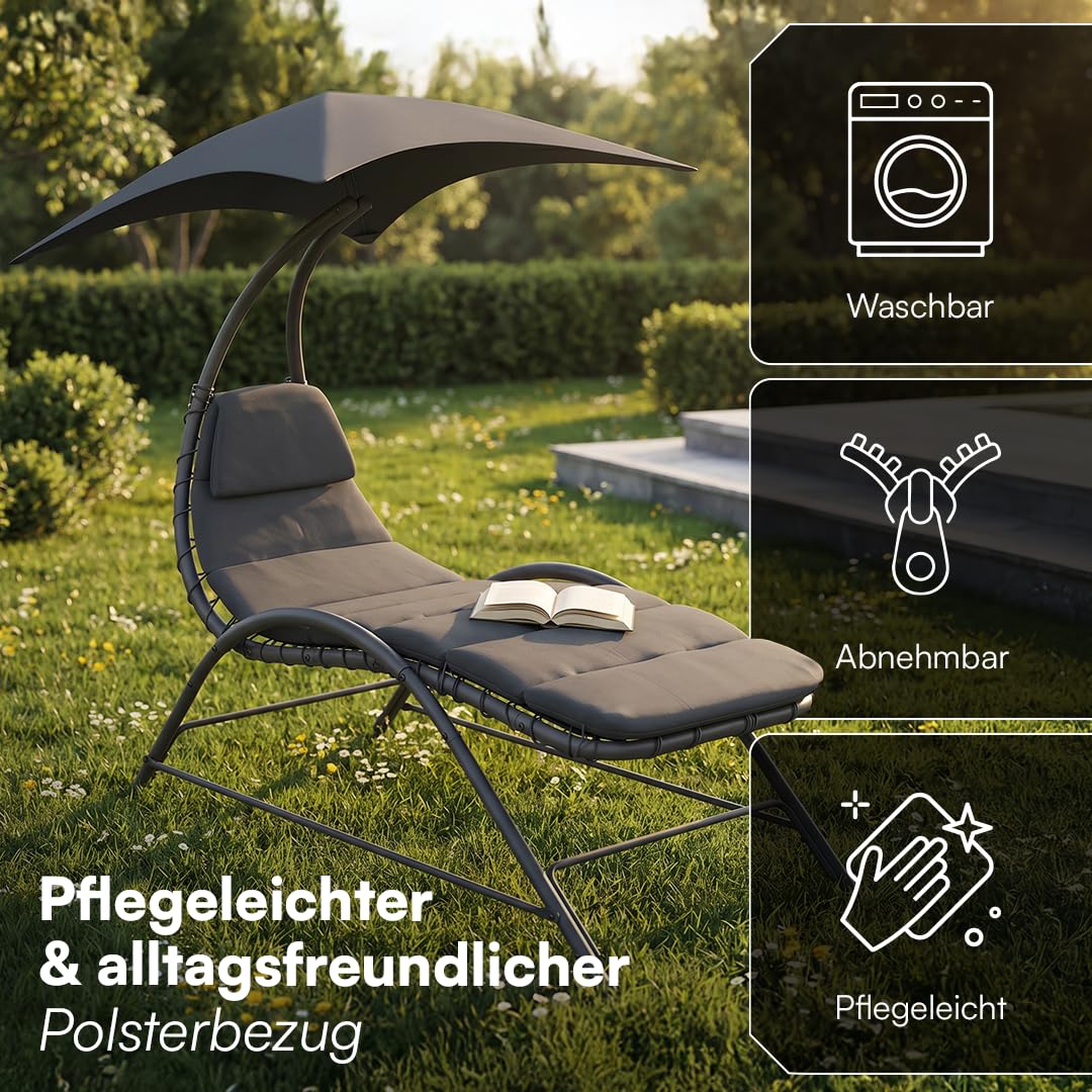 STEELSØN Nyria Sonnenliege mit Kissen Anthrazit – Gartenliege verstellbares Sonnendach – Liegestuhl bis 120 kg – Balkonliege wetterfest – Relaxliege großzügige Liegefläche – Outdoor Liege mit Gestell