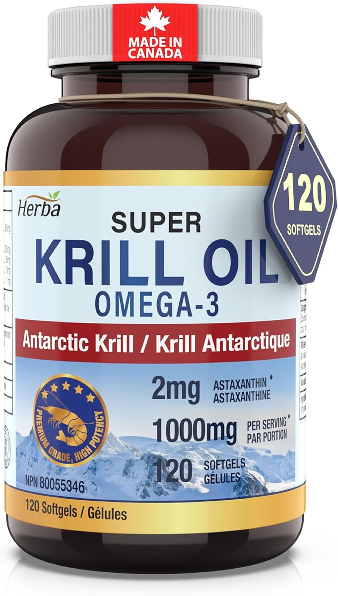 Herba Herba Krill Oil Omega 3 Supplements - 120 Softgels | 1000mg of Antarctic Krill Oil Per Day (2 softgels 500mg each) | Source of Omega 3 Fatty Acids | High Astaxanthin | Premium Grade - 500mg per Soft Gel | Made in Canada