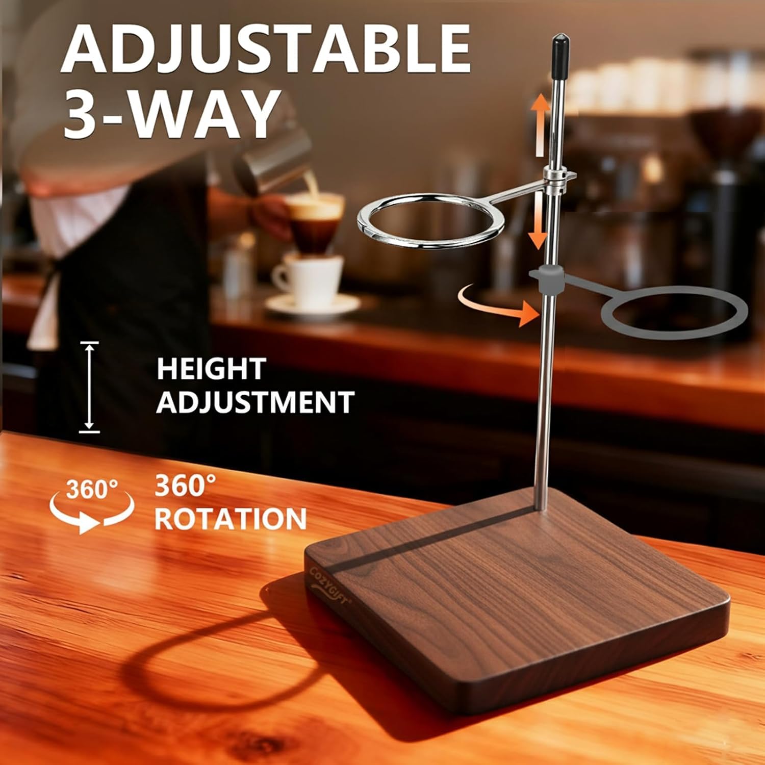 Pour Over Stand with Walnut Base & 360° Adjustable Coffee Filter Holder, Height Adjustable Coffee Dripper Station for V60, Chemex & Glass Funnels, Pour Over Coffee Station (Stand Only)