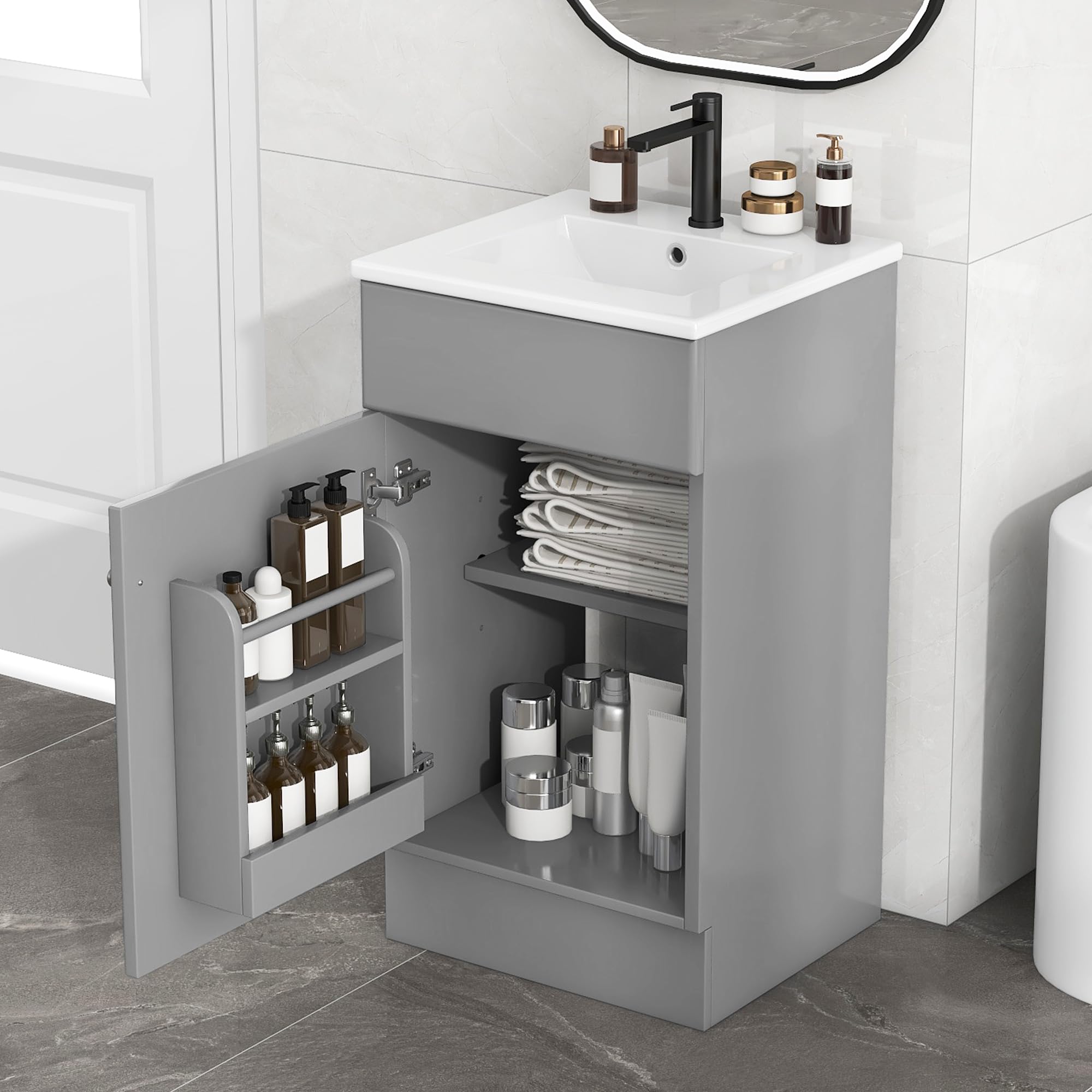 Favfurish 18" Small Bathroom Vanity with Ceramic Sink Combo, Undermount Single Basin Bath Cabinet Set w/Soft-Close Door and Adjustable Shelf,Modern Freestanding Storage for Apartment/Powder Room