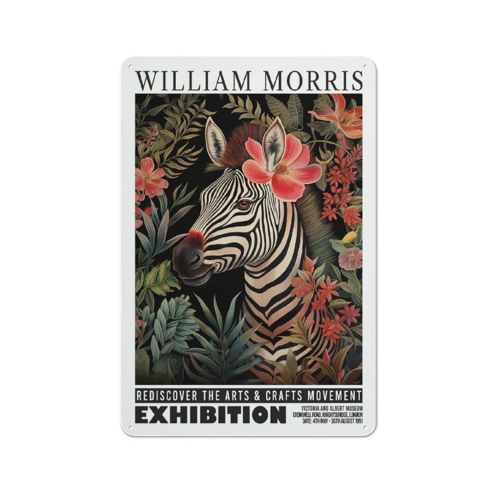 Junmoney Style-18 Morris Floral Zebra Exhibition Metal Wall Sign 30X20cm, Rustic Decor For Workshop Wall, For Vintage Wall Decor Fans, For Themed Room Decoration